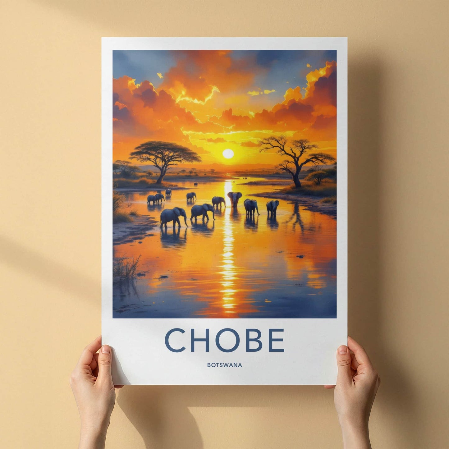 Chobe Poster - Botswana Travel Art - Elephants River Sunset Home Decor