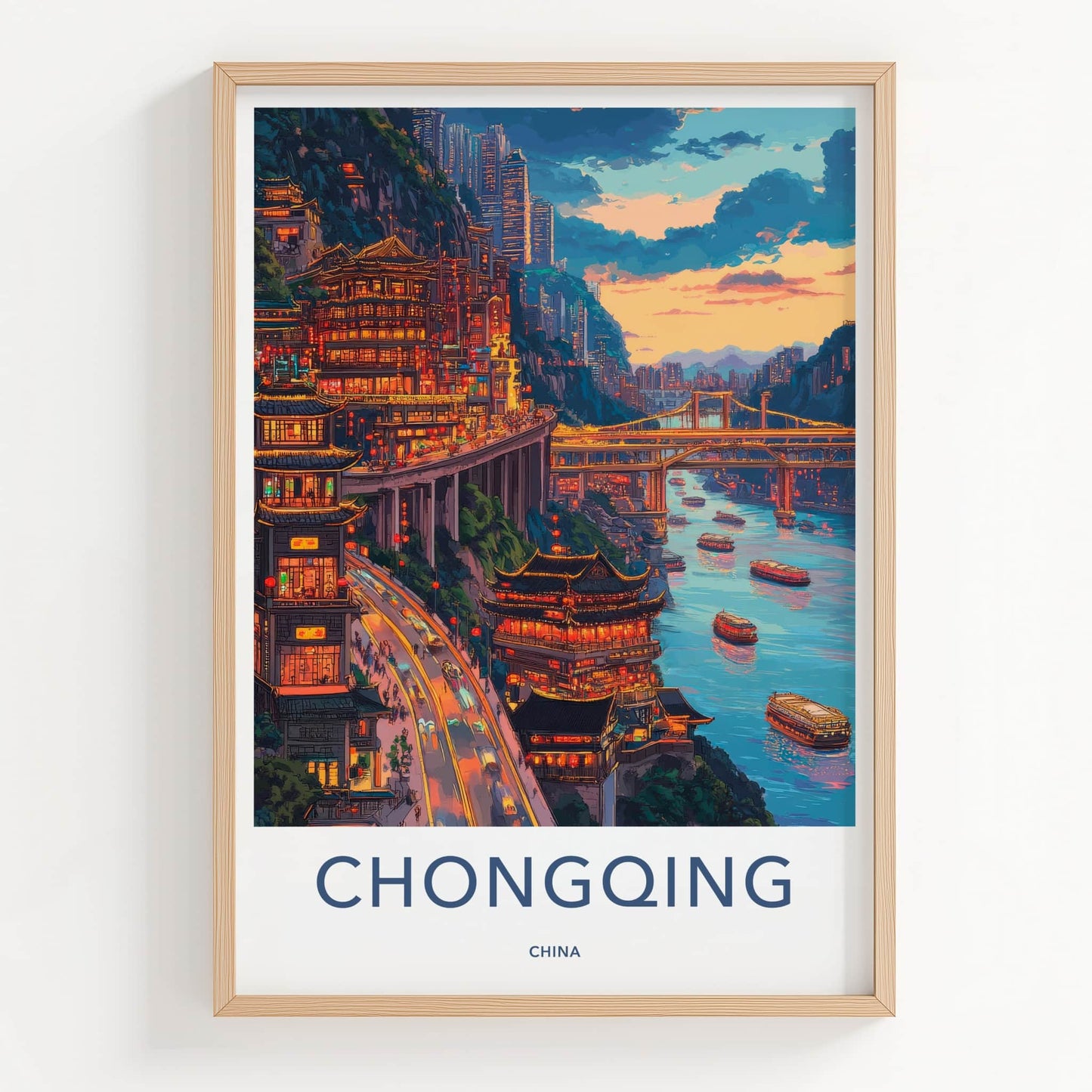 Chongqing Poster - China Travel Art - Illuminated Cliffside City Home Decor