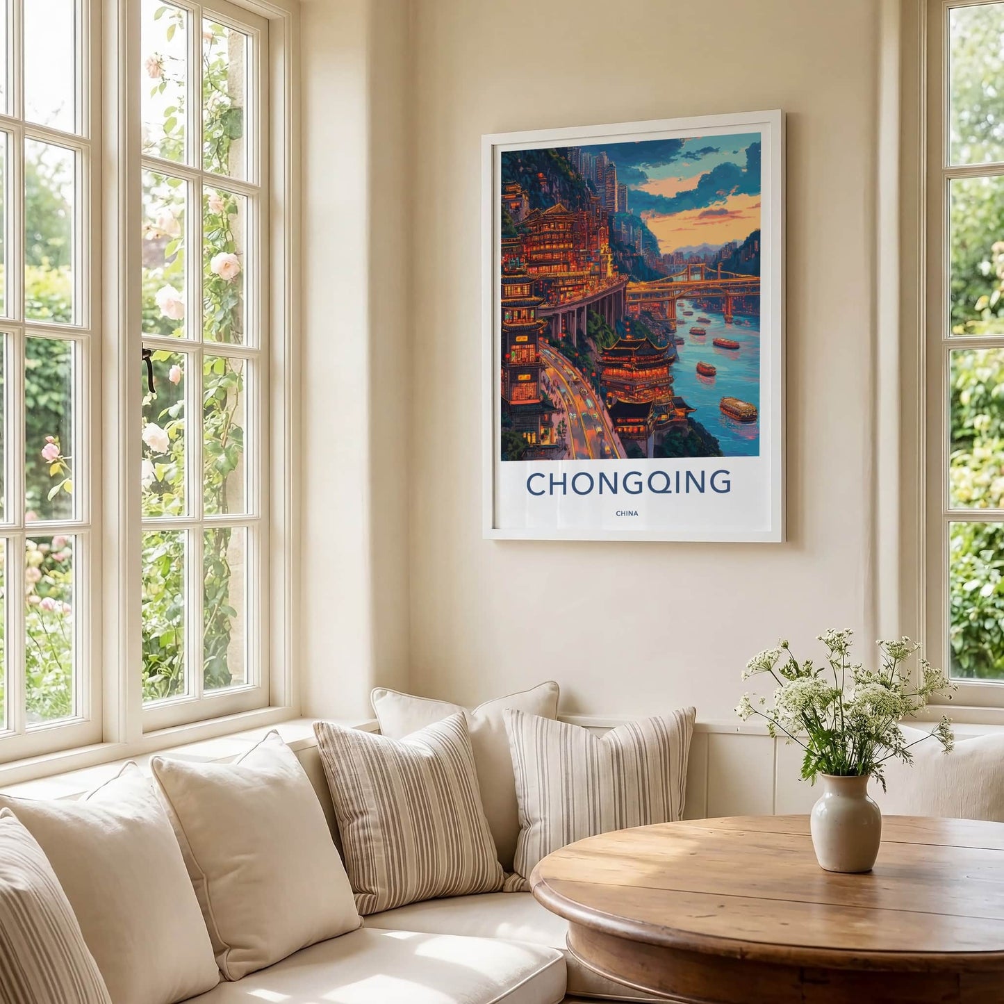 Chongqing Poster - China Travel Art - Illuminated Cliffside City Home Decor