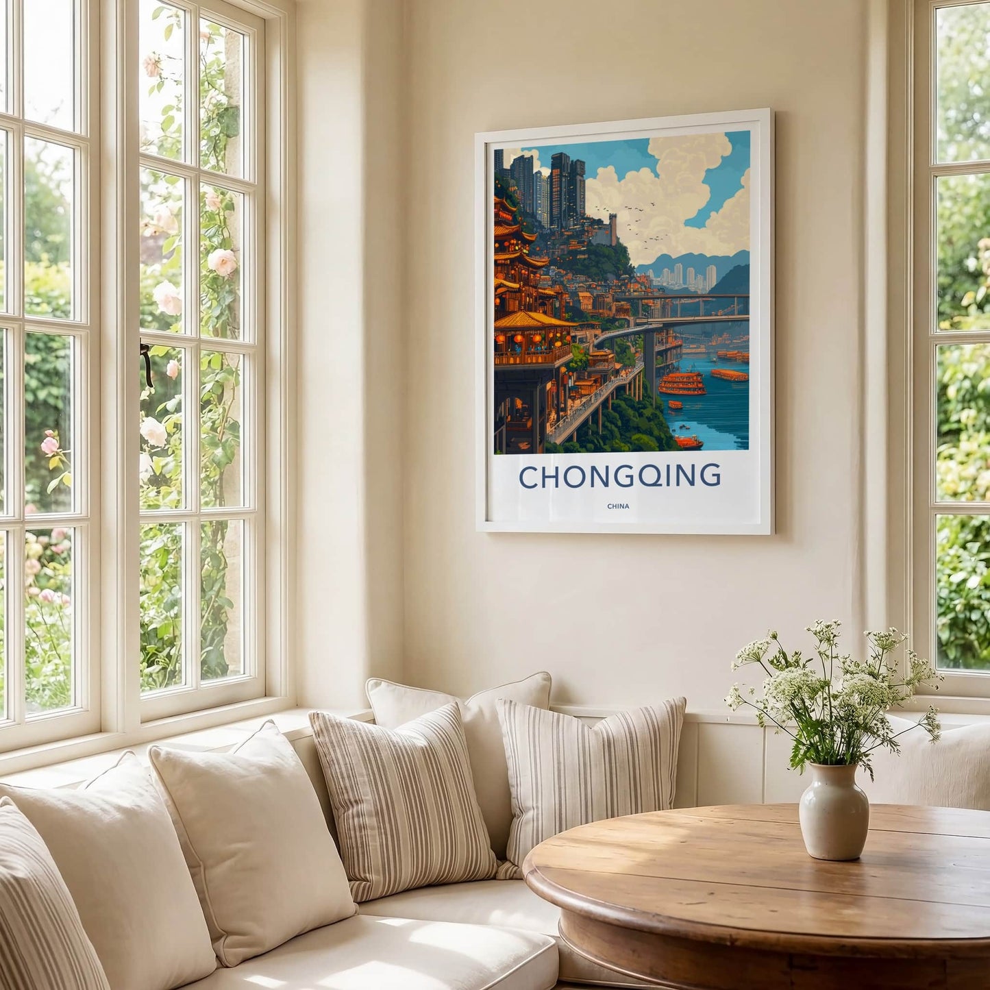 Chongqing Poster - China Travel Art - Riverside Cityscape Bridges Home Decor