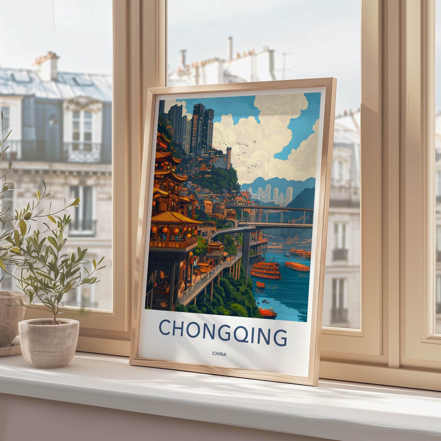 Chongqing Poster - China Travel Art - Riverside Cityscape Bridges Home Decor