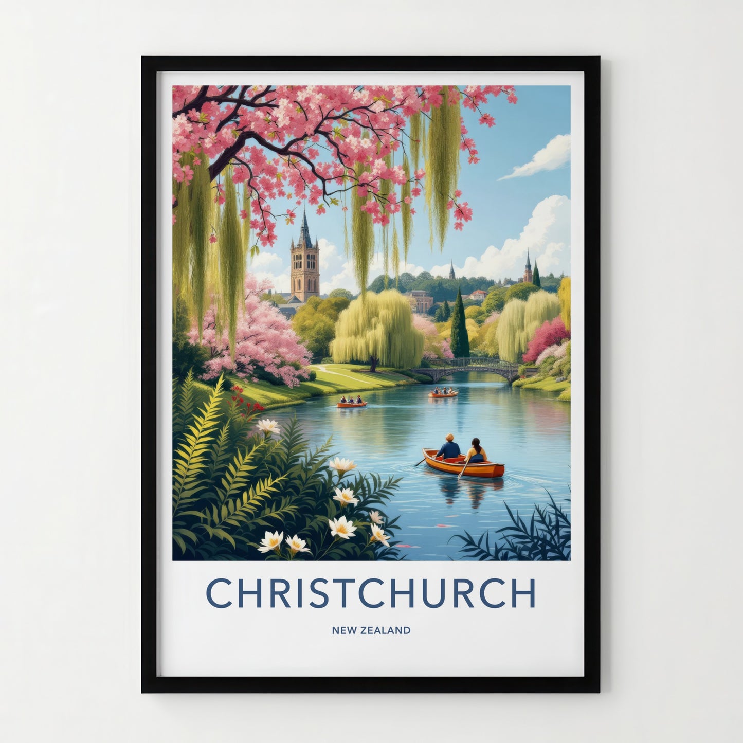 Christchurch Poster - New Zealand Travel Art - Blossom River Tower Home Decor