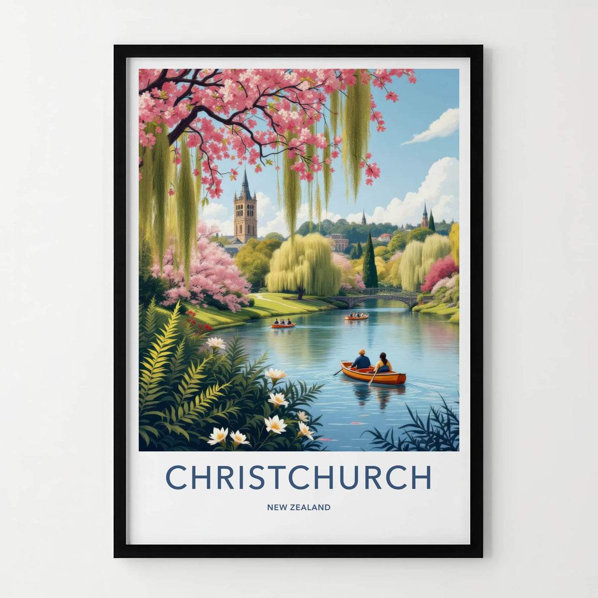 Christchurch Poster - New Zealand Travel Art - Blossom River Tower Home Decor