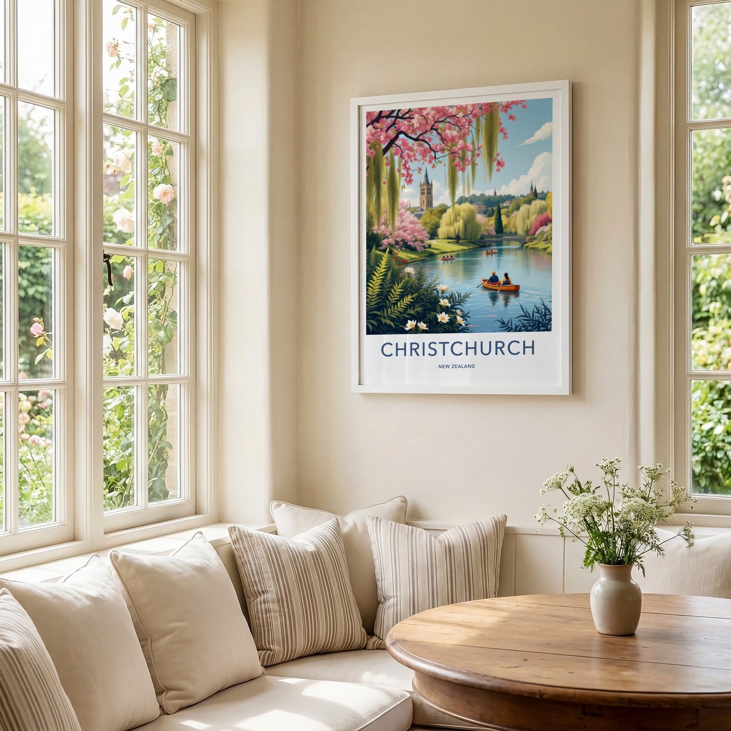 Christchurch Poster - New Zealand Travel Art - Blossom River Tower Home Decor