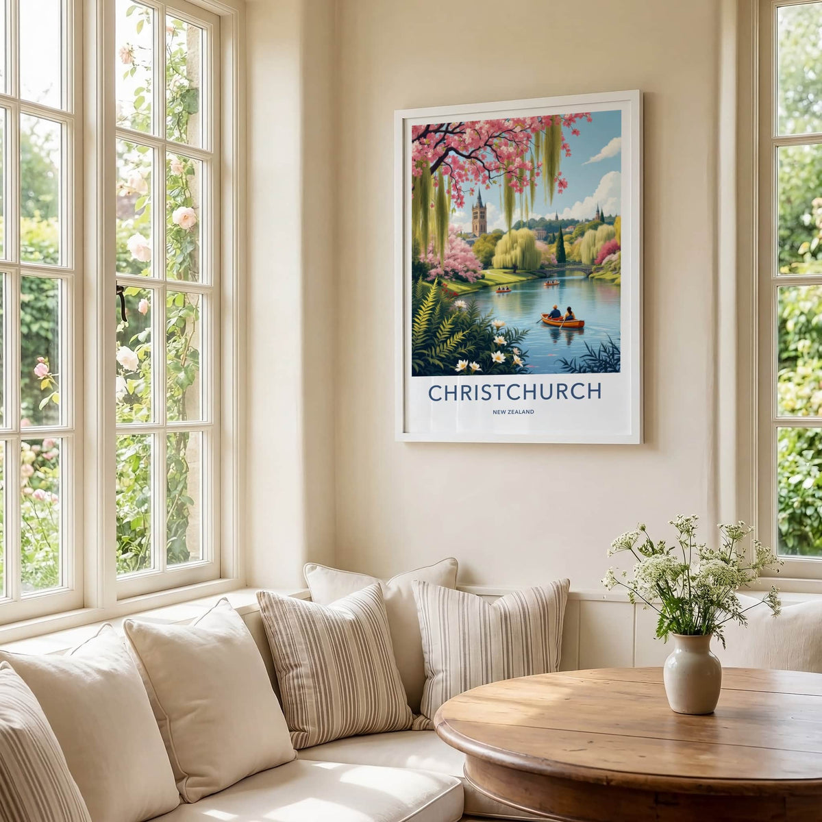 Christchurch Poster - New Zealand Travel Art - Blossom River Tower Home Decor