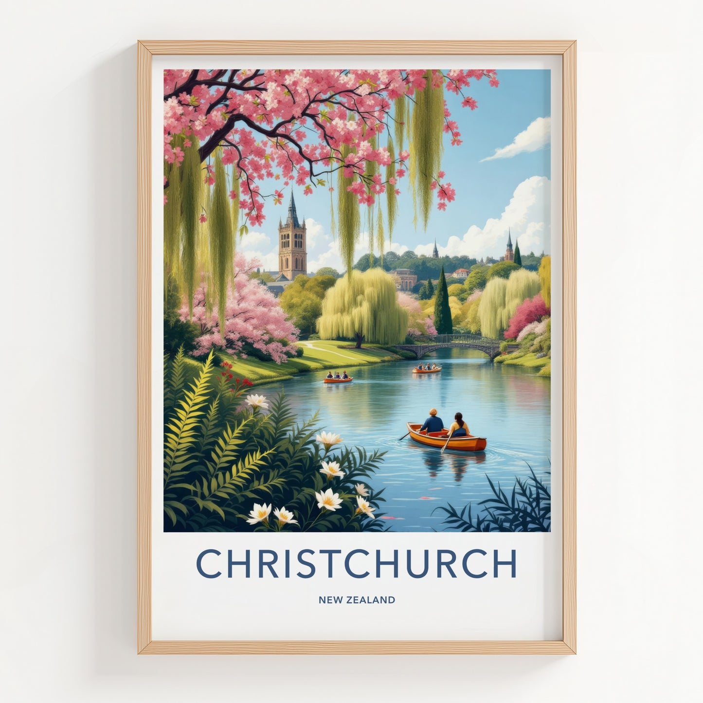 Christchurch Poster - New Zealand Travel Art - Blossom River Tower Home Decor