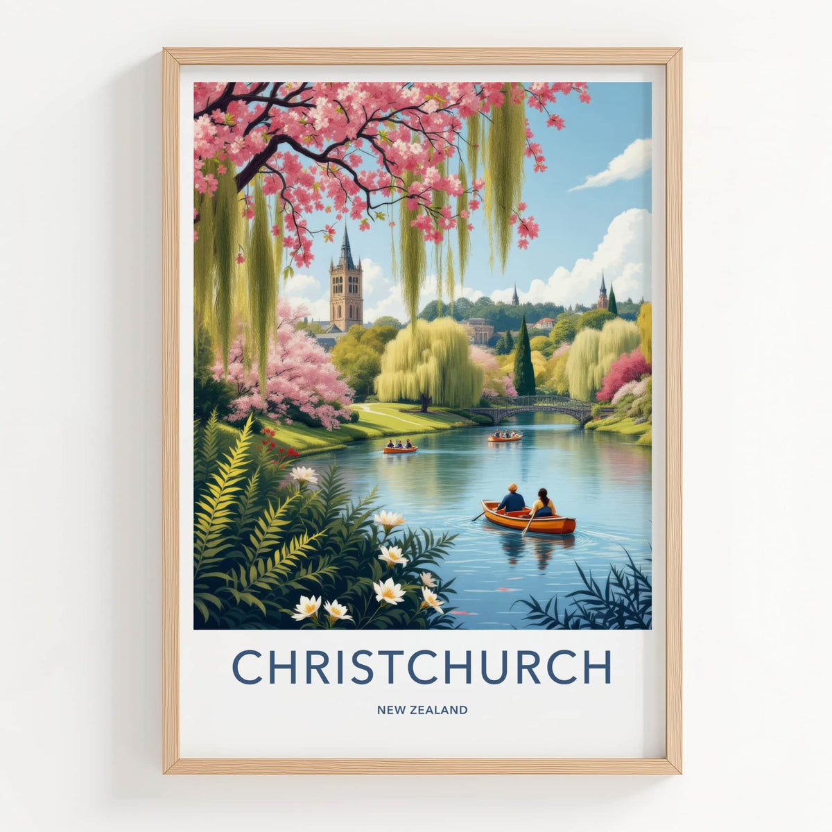 Christchurch Poster - New Zealand Travel Art - Blossom River Tower Home Decor