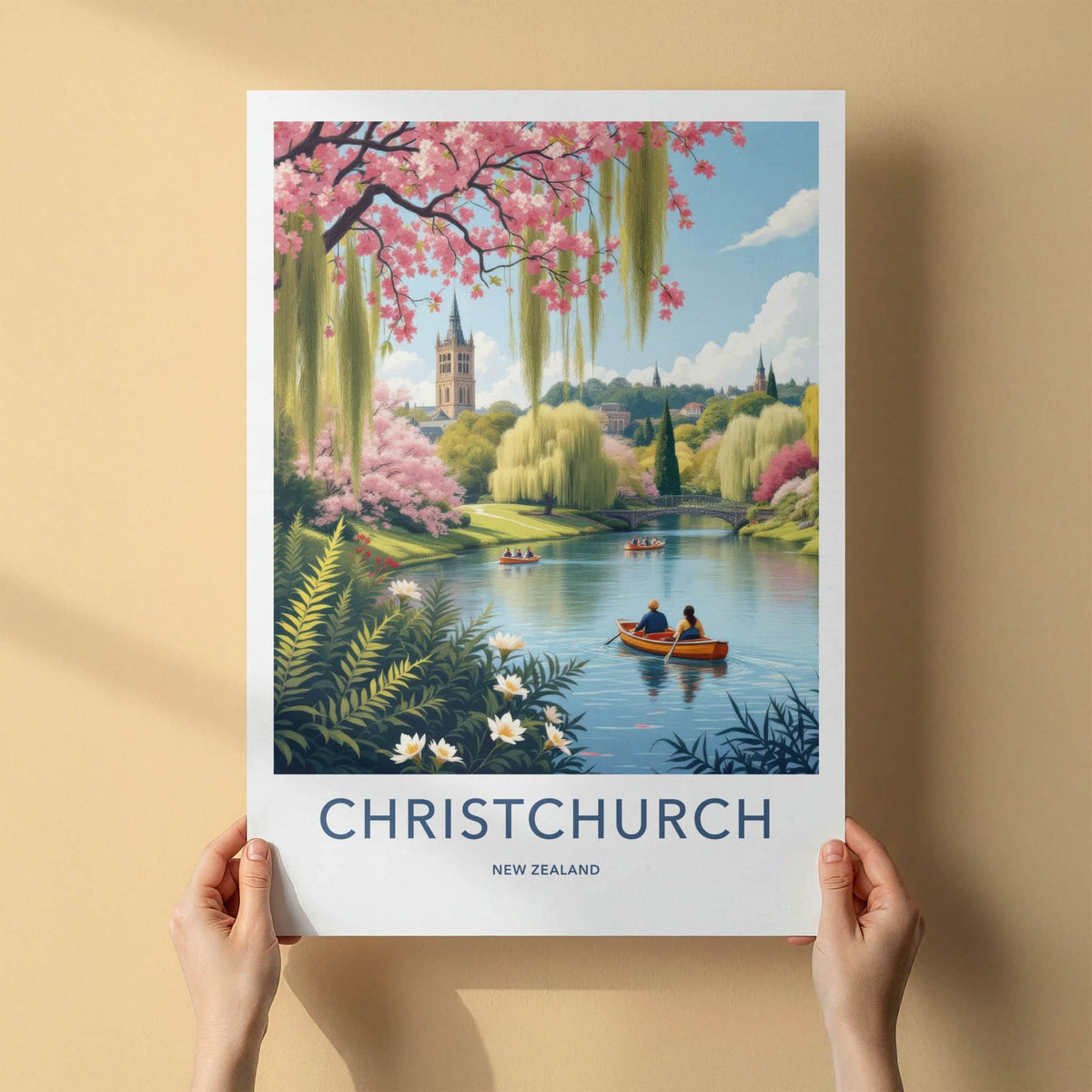 Christchurch Poster - New Zealand Travel Art - Blossom River Tower Home Decor