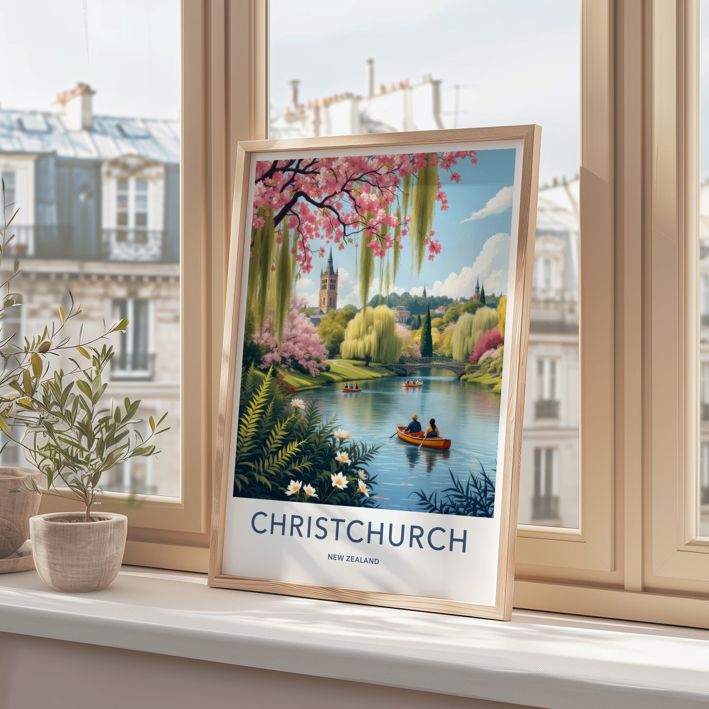 Christchurch Poster - New Zealand Travel Art - Blossom River Tower Home Decor