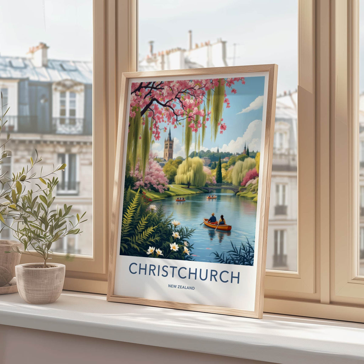 Christchurch Poster - New Zealand Travel Art - Blossom River Tower Home Decor