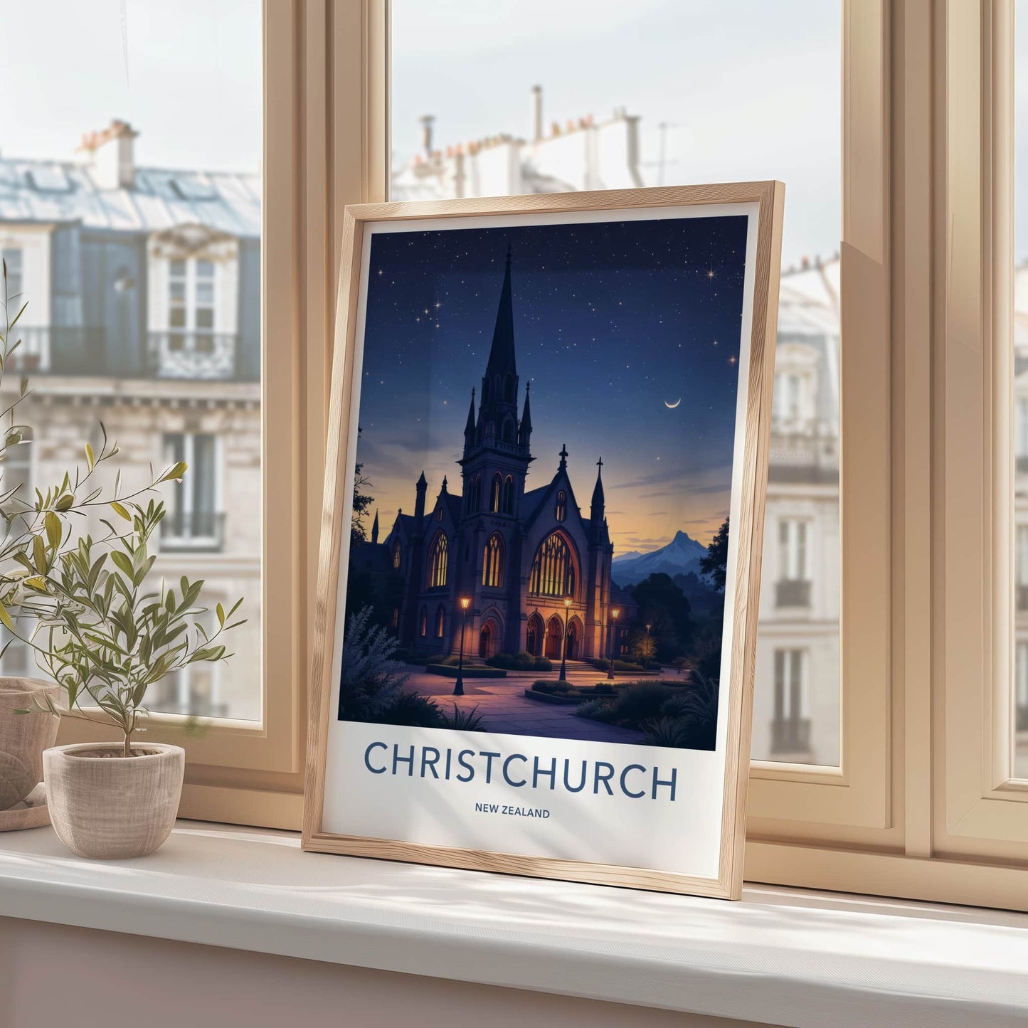 Christchurch Poster - New Zealand Travel Art - Gothic Church Stars Wall Decor