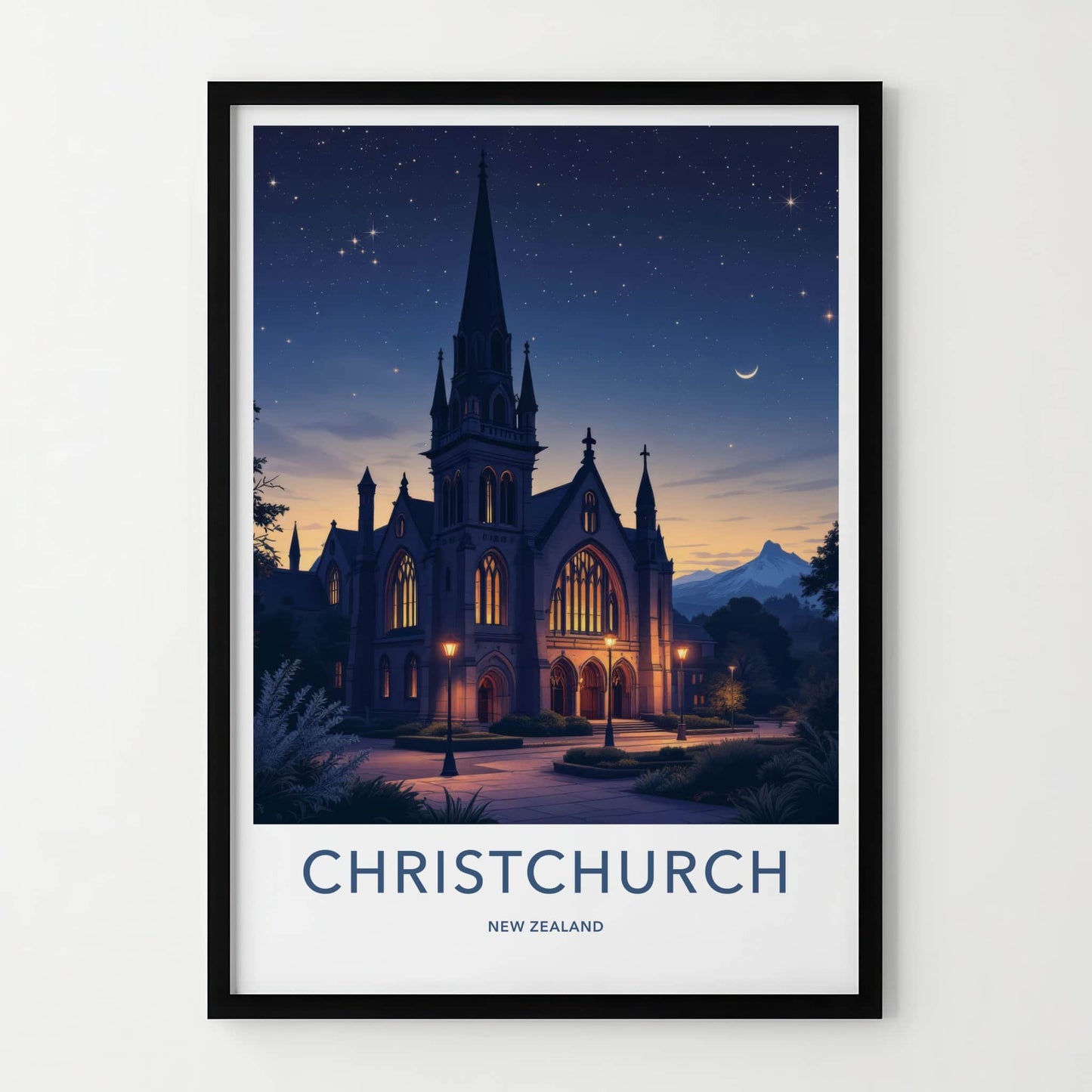Christchurch Poster - New Zealand Travel Art - Gothic Church Stars Wall Decor