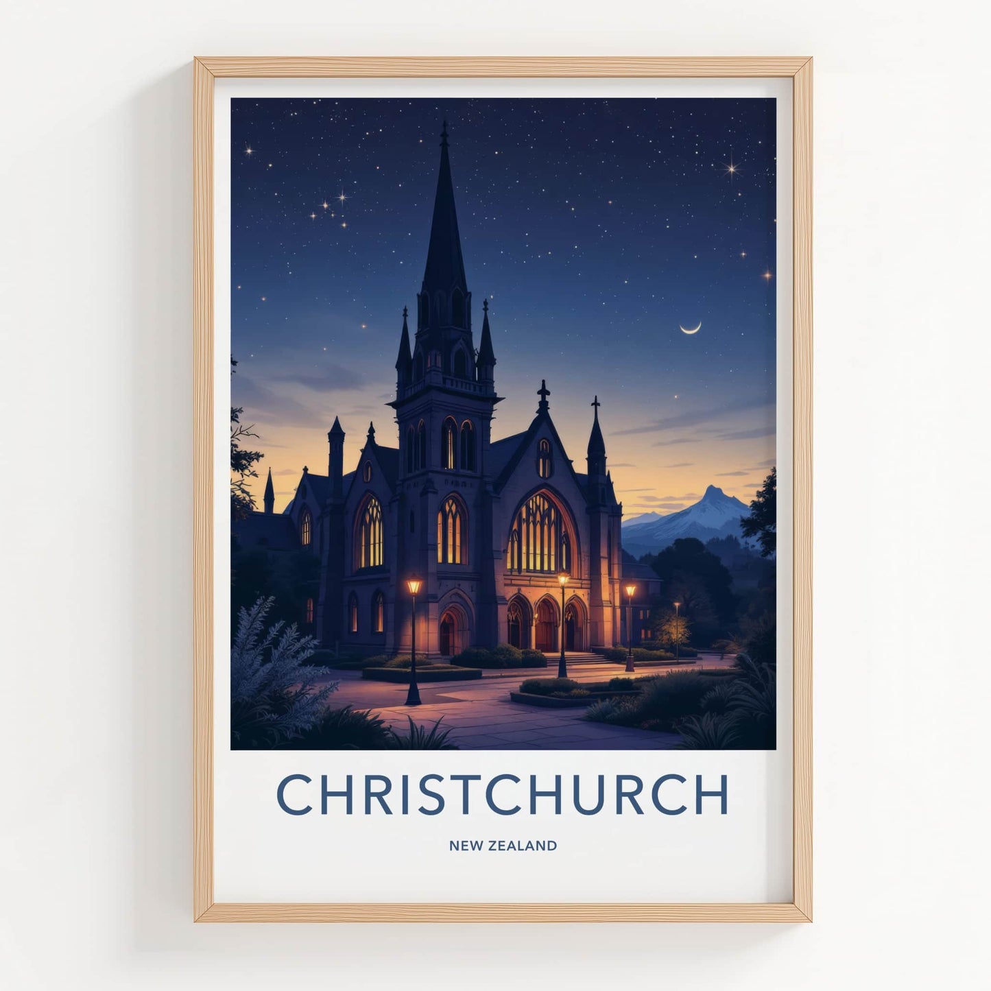 Christchurch Poster - New Zealand Travel Art - Gothic Church Stars Wall Decor