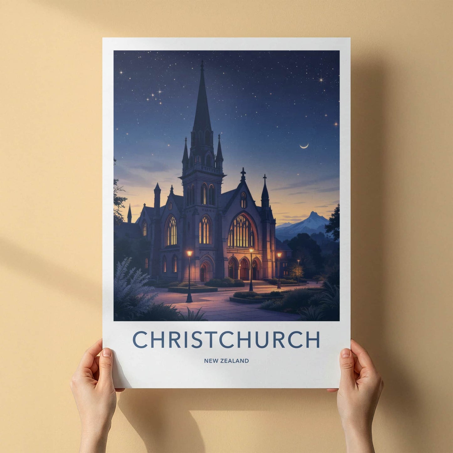 Christchurch Poster - New Zealand Travel Art - Gothic Church Stars Wall Decor