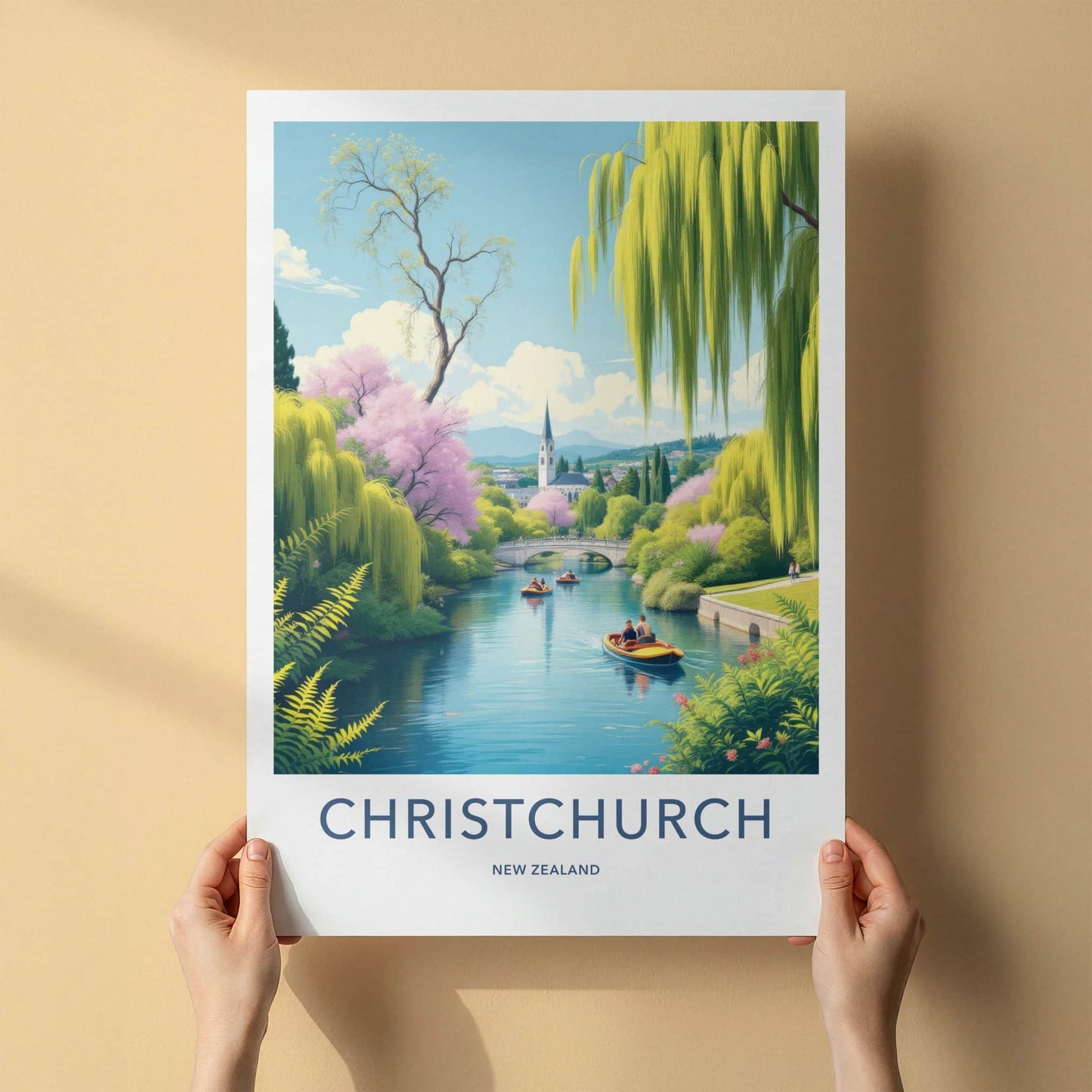 Christchurch Poster - New Zealand Travel Art - River Willow Church Wall Decor
