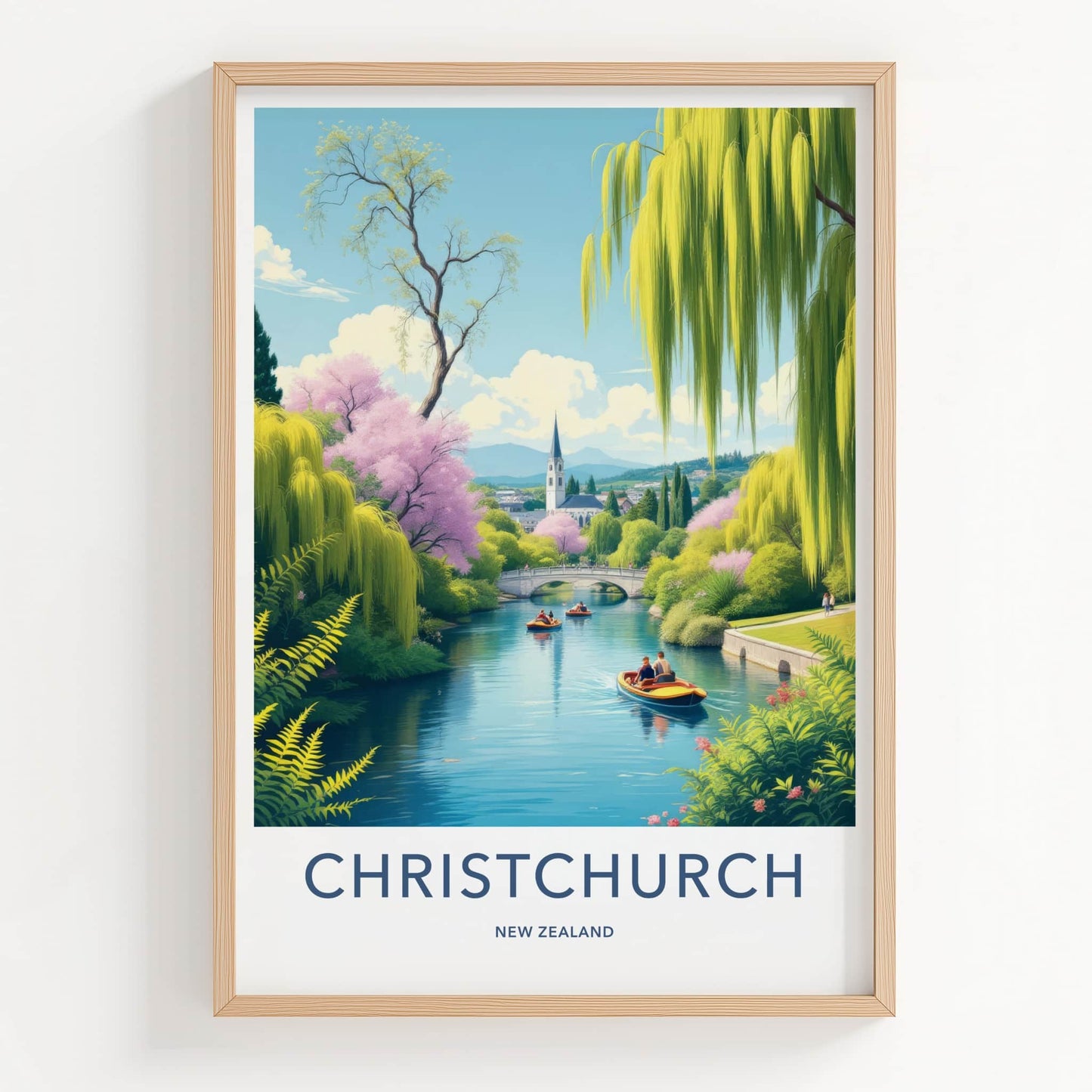 Christchurch Poster - New Zealand Travel Art - River Willow Church Wall Decor