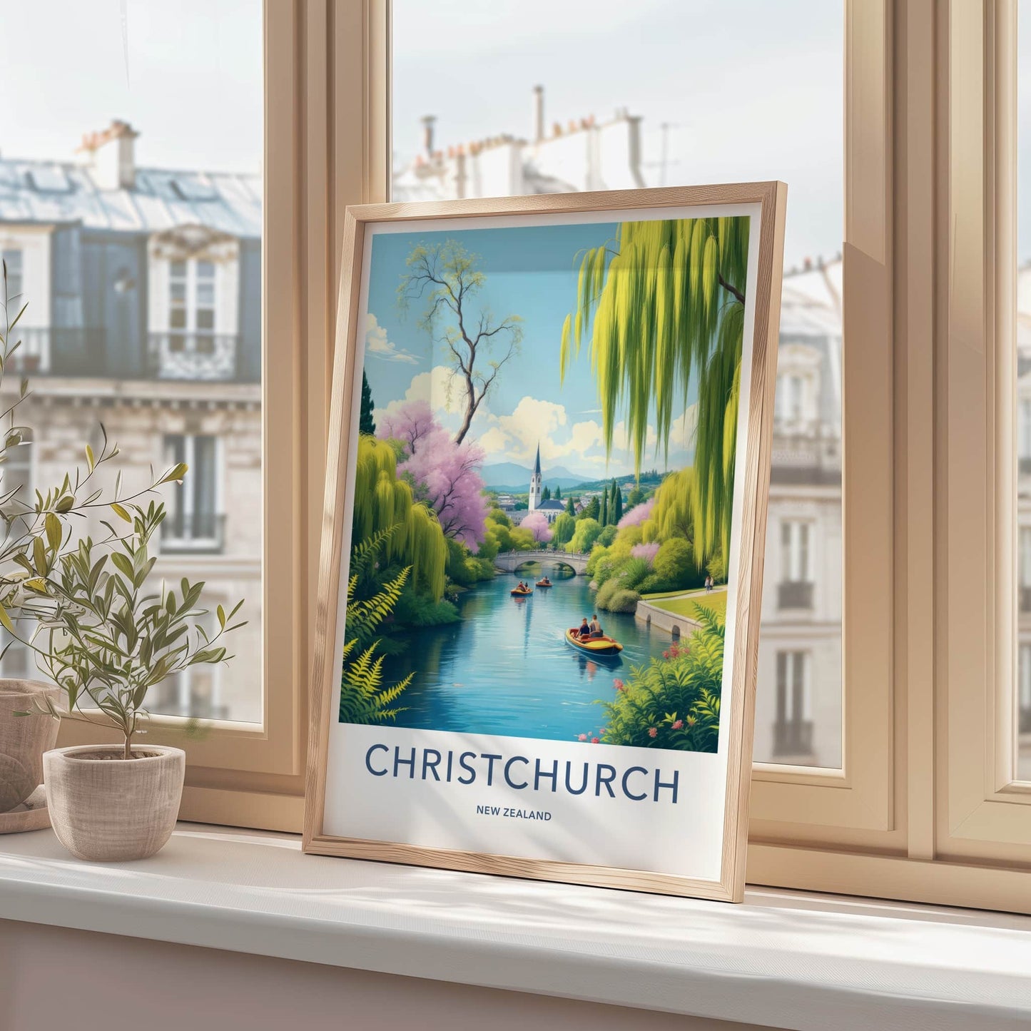 Christchurch Poster - New Zealand Travel Art - River Willow Church Wall Decor