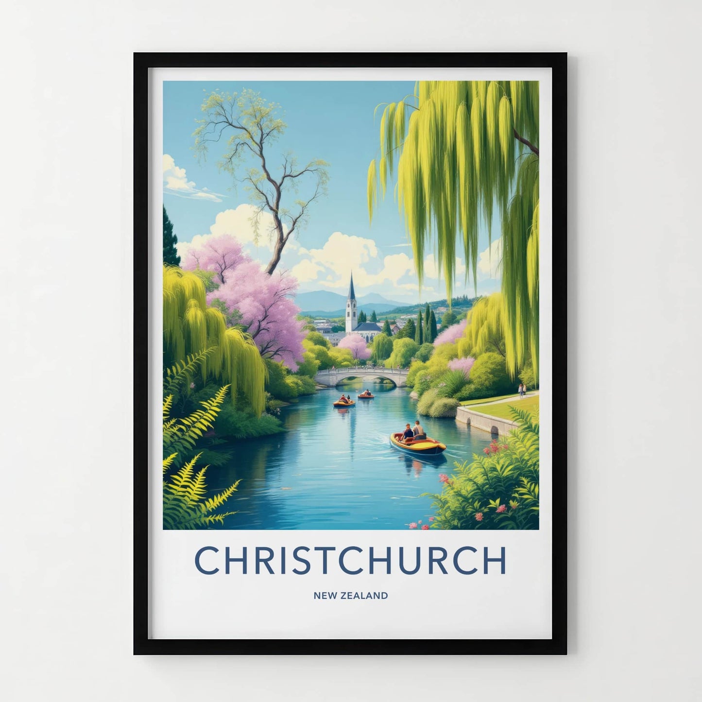 Christchurch Poster - New Zealand Travel Art - River Willow Church Wall Decor