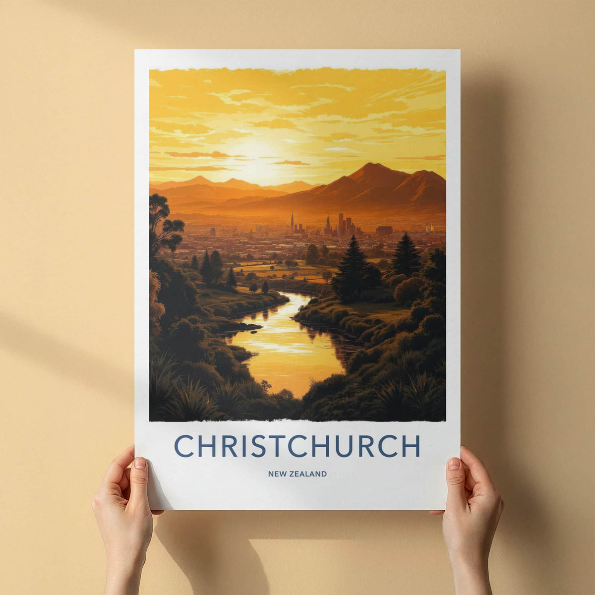 Christchurch Poster - New Zealand Travel Art - Sunset City River Home Decor