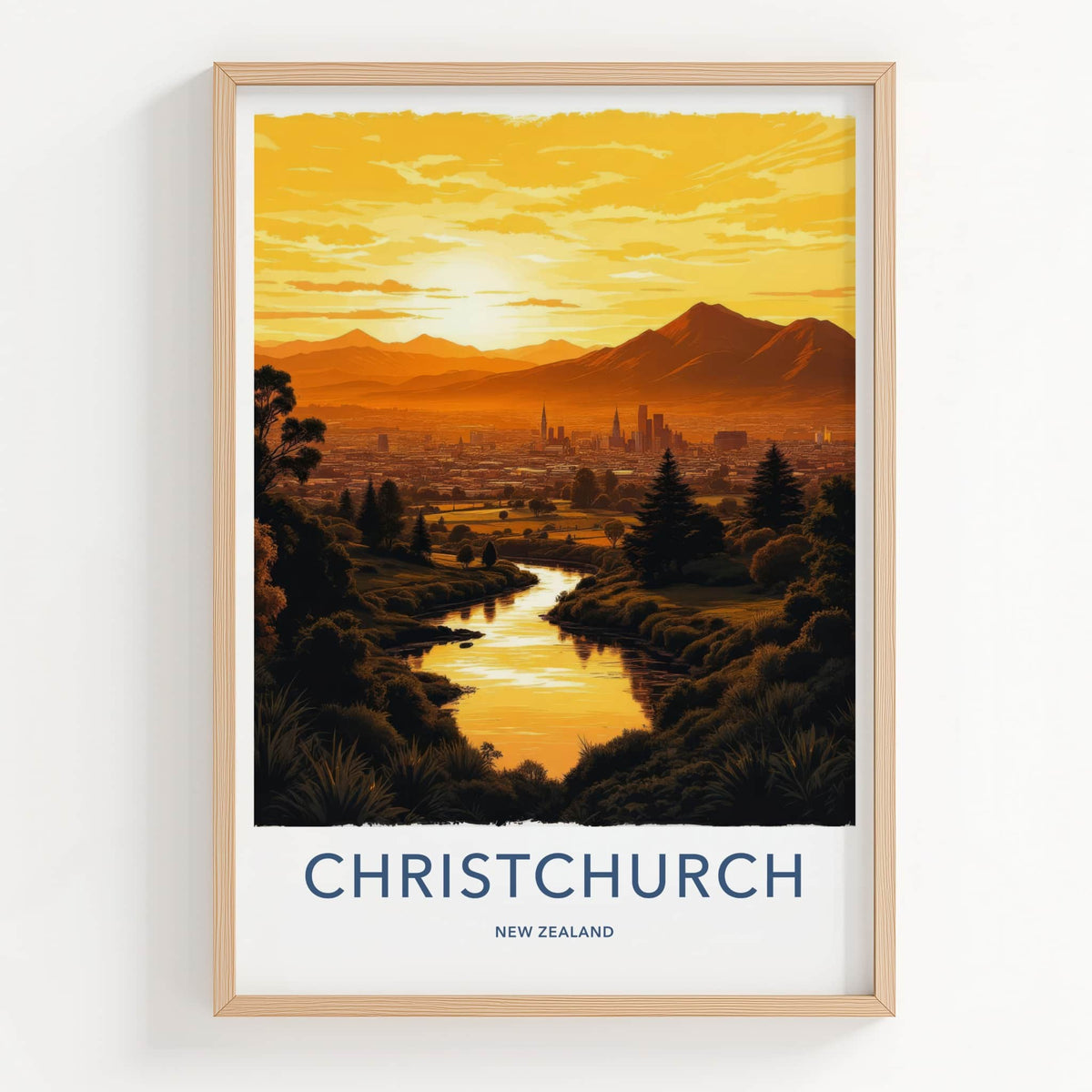 Christchurch Poster - New Zealand Travel Art - Sunset City River Home Decor