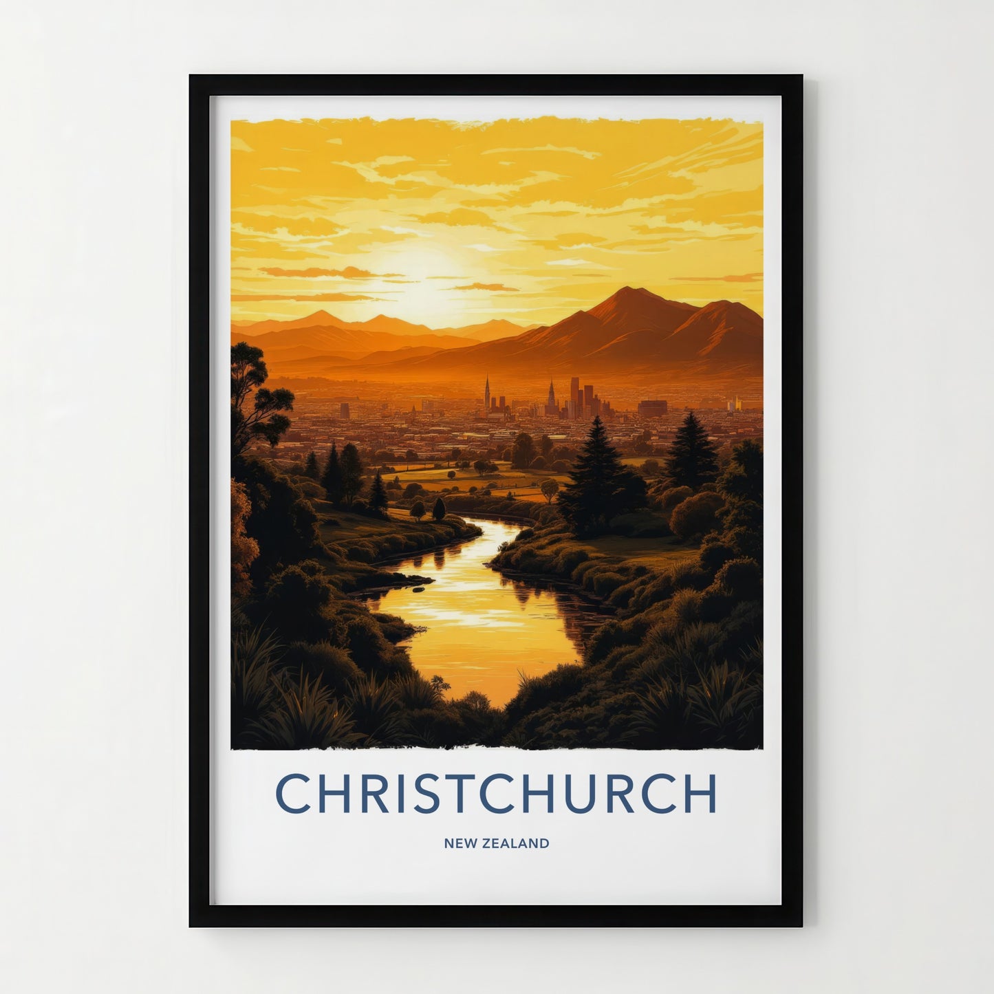 Christchurch Poster - New Zealand Travel Art - Sunset City River Home Decor