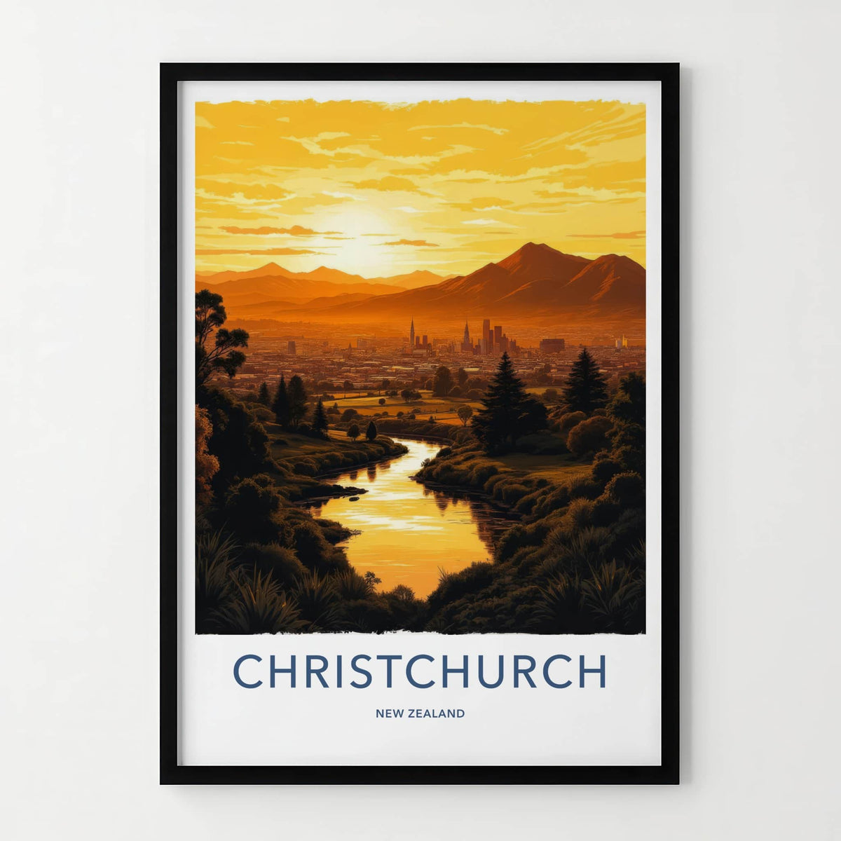 Christchurch Poster - New Zealand Travel Art - Sunset City River Home Decor