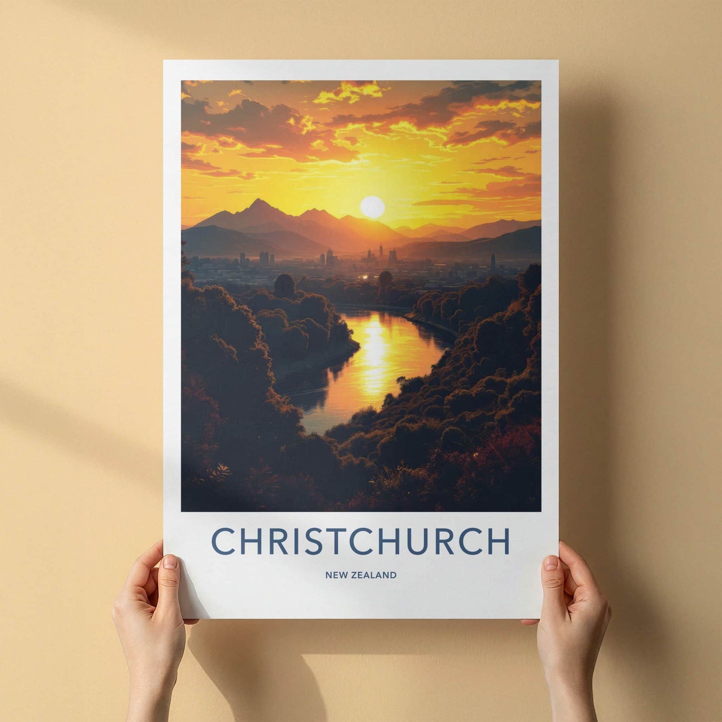Christchurch Poster - New Zealand Travel Art - Vibrant River Sunset Wall Decor