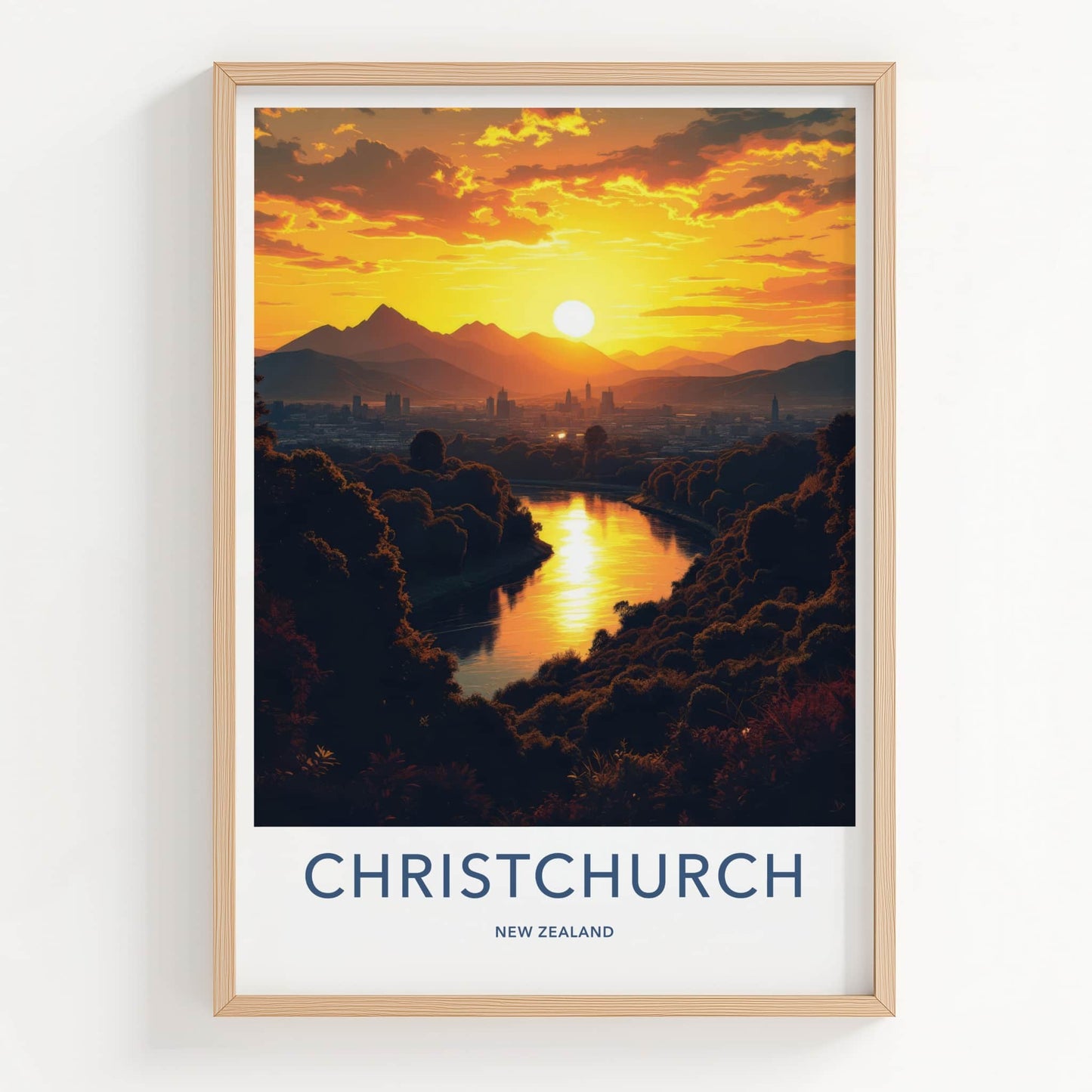 Christchurch Poster - New Zealand Travel Art - Vibrant River Sunset Wall Decor