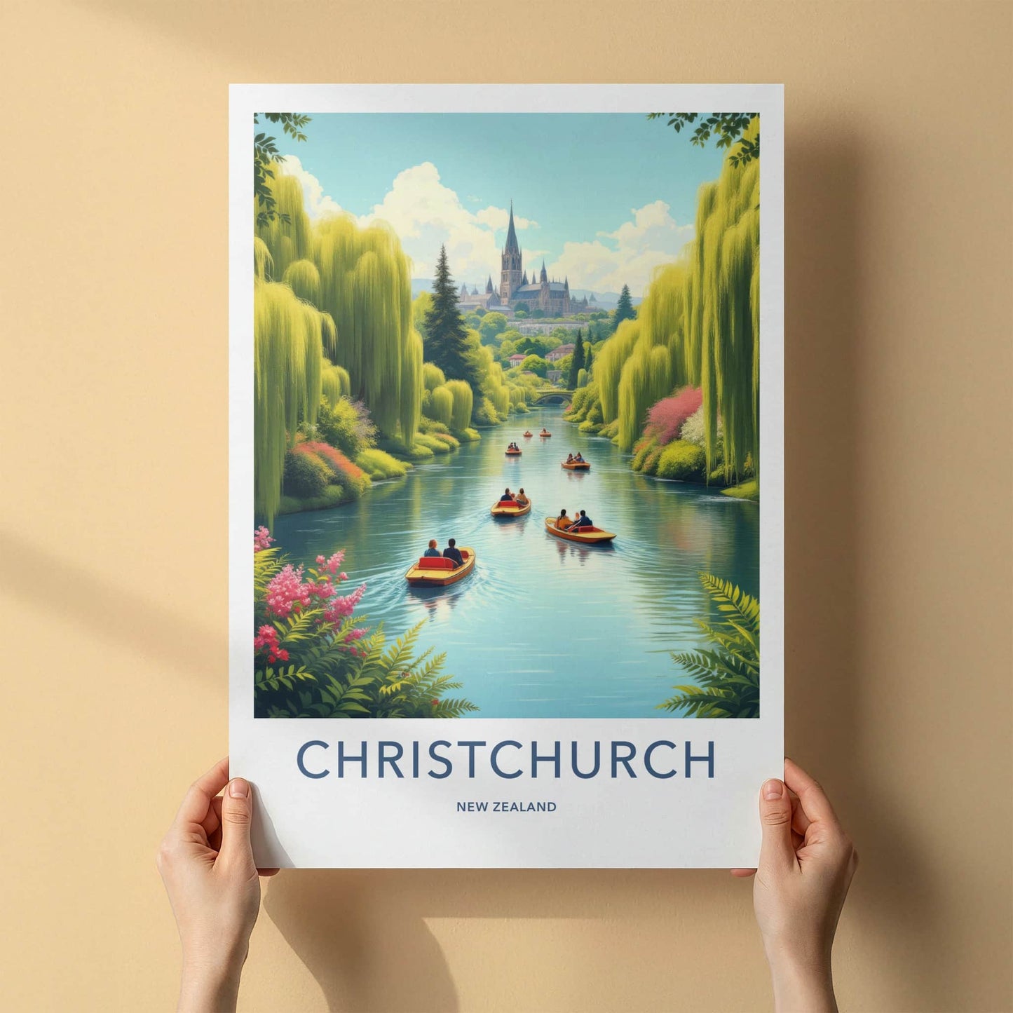 Christchurch Poster - New Zealand Travel Art - Willow River Cathedral Home Decor
