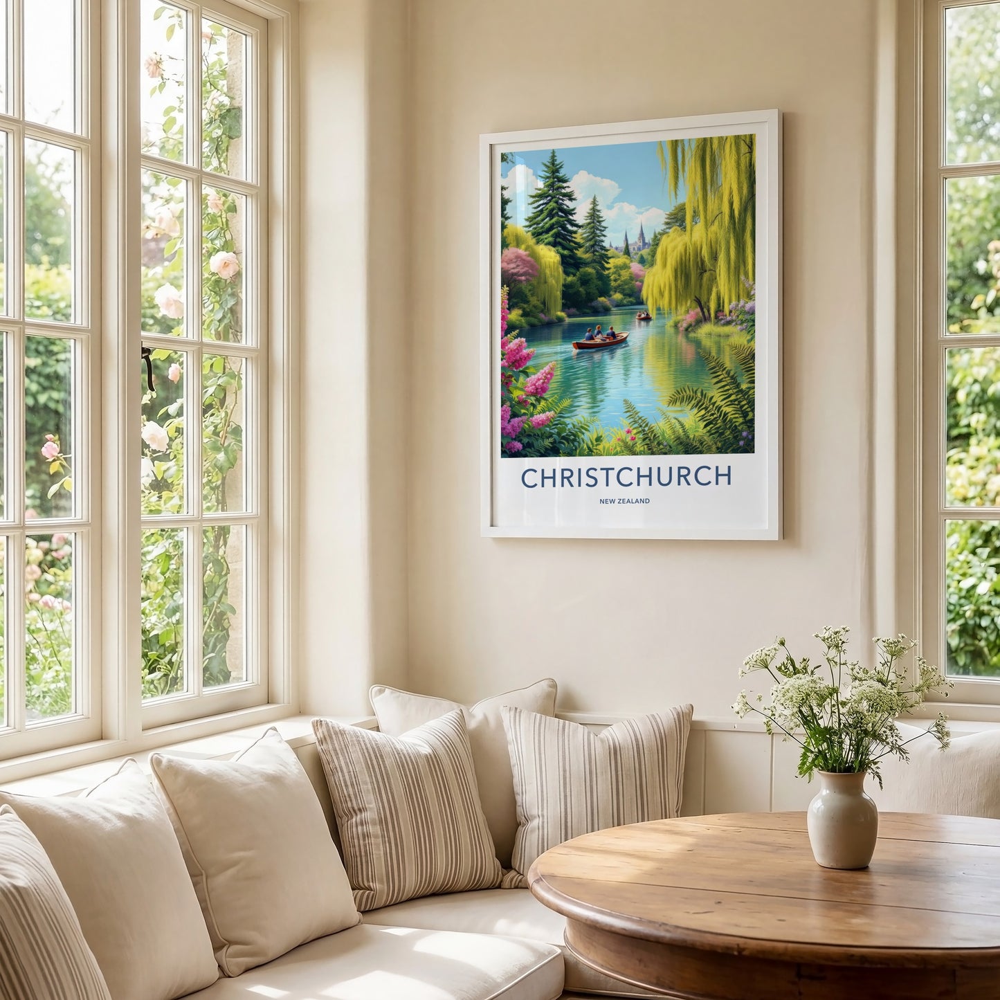 Christchurch Poster - New Zealand Travel Print - Boats Lush River Home Decor