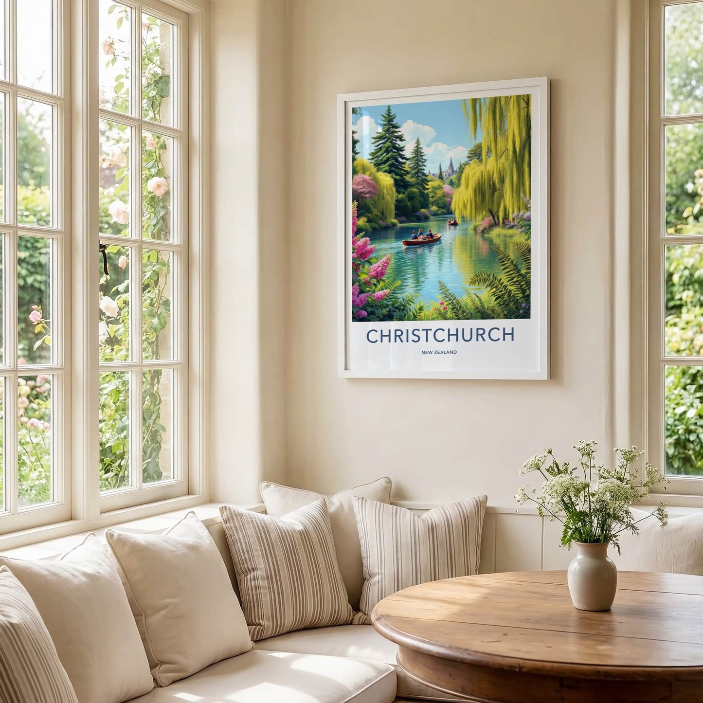Christchurch Poster - New Zealand Travel Print - Boats Lush River Home Decor