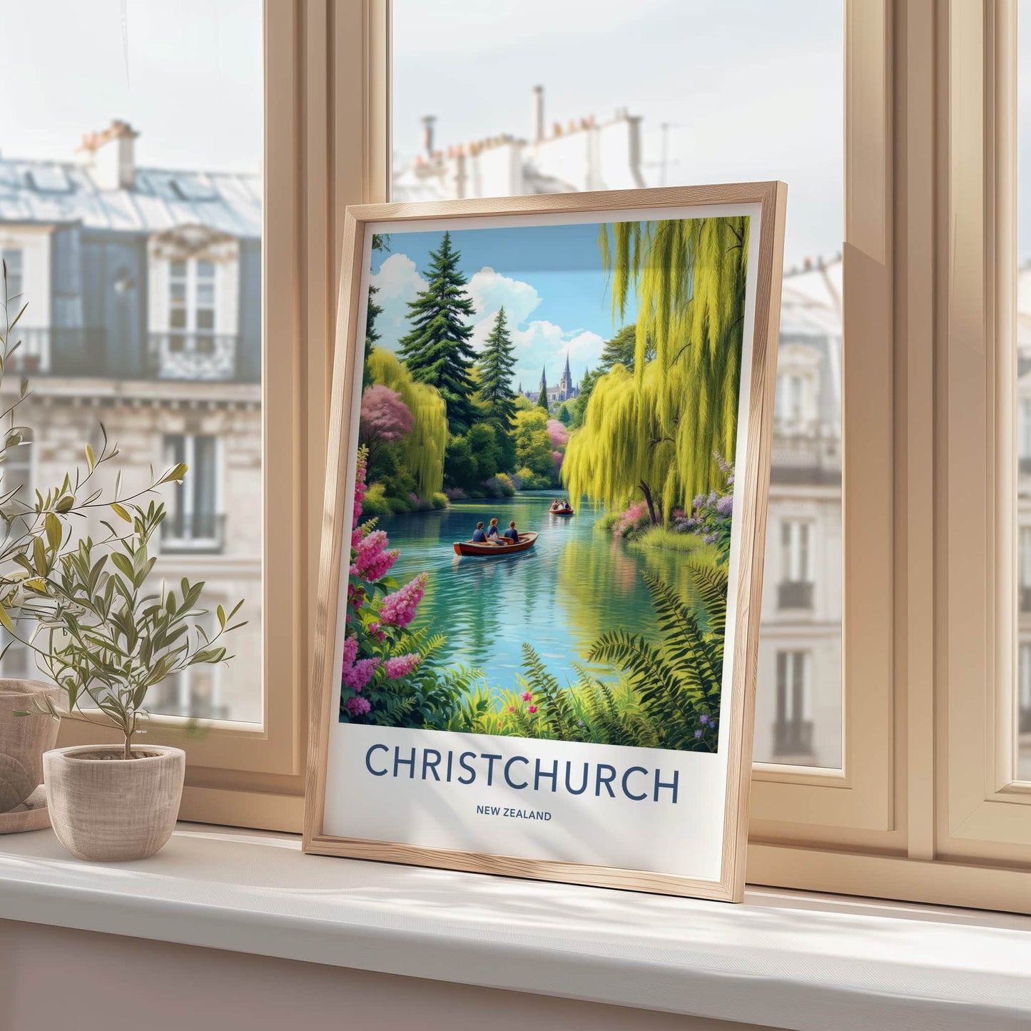 Christchurch Poster - New Zealand Travel Print - Boats Lush River Home Decor