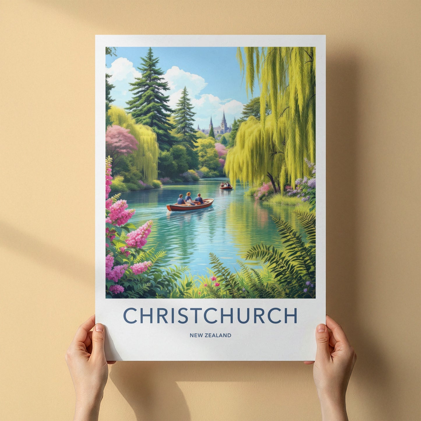 Christchurch Poster - New Zealand Travel Print - Boats Lush River Home Decor