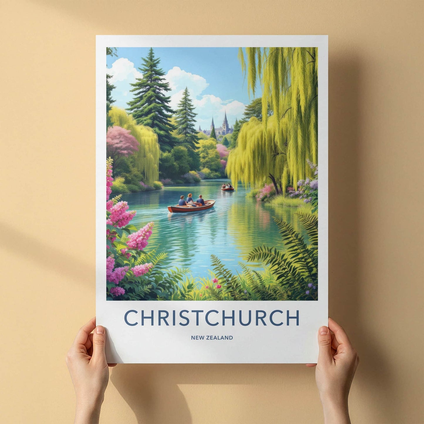 Christchurch Poster - New Zealand Travel Print - Boats Lush River Home Decor