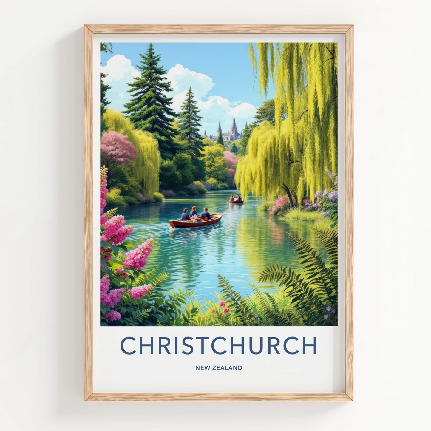 Christchurch Poster - New Zealand Travel Print - Boats Lush River Home Decor