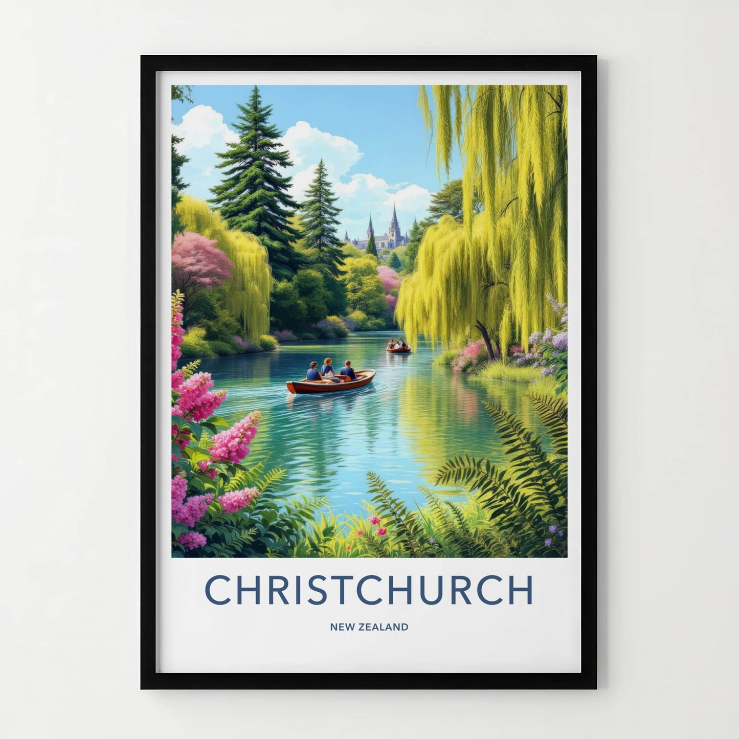 Christchurch Poster - New Zealand Travel Print - Boats Lush River Home Decor