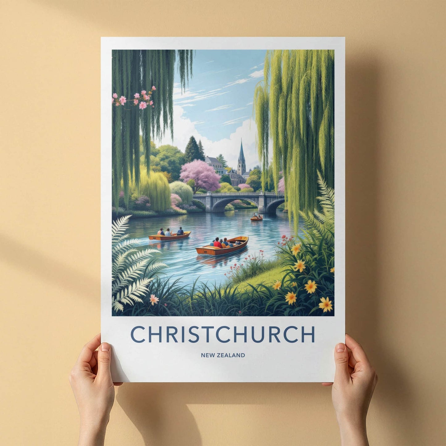 Christchurch Poster - New Zealand Travel Print - Boats River Bridge Home Decor