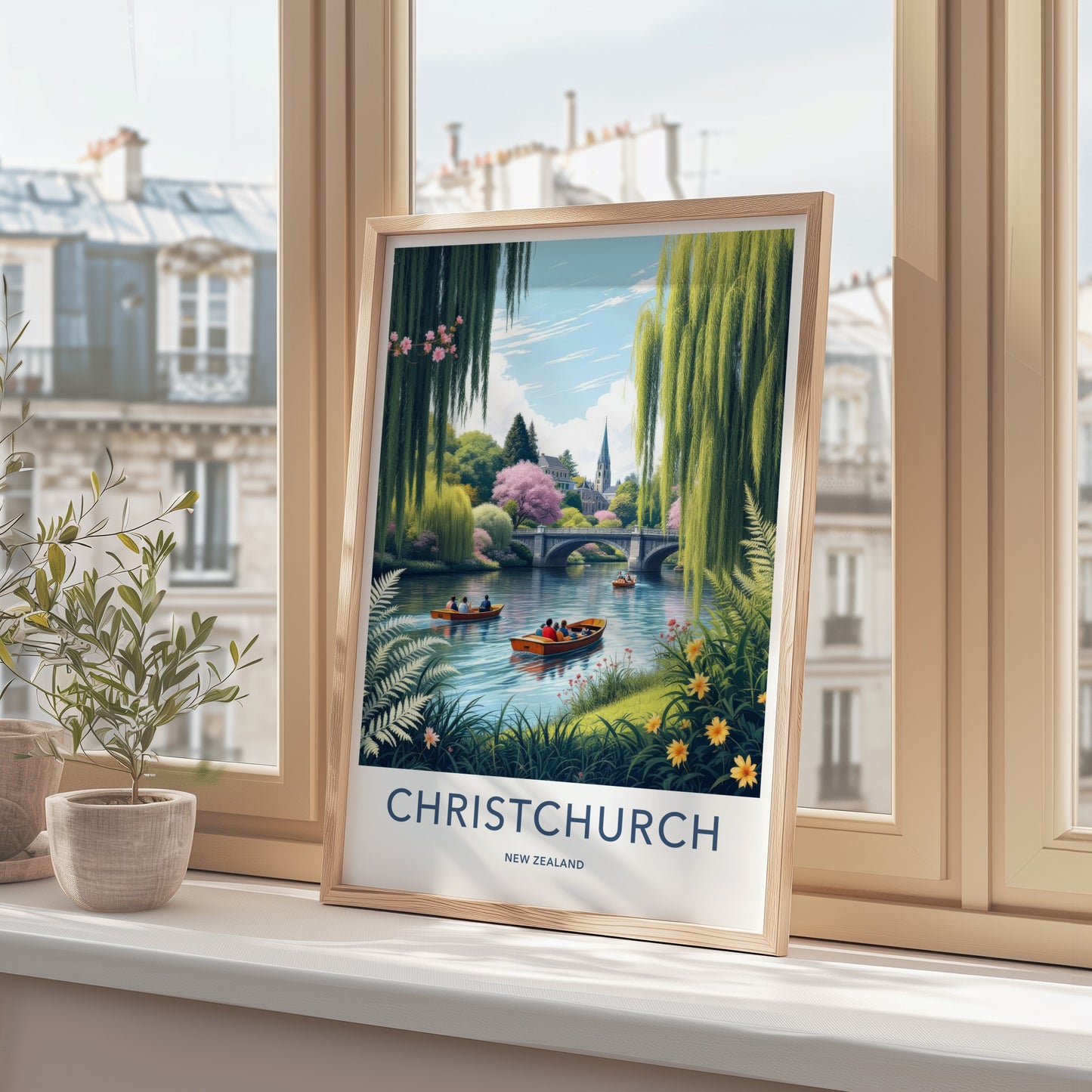 Christchurch Poster - New Zealand Travel Print - Boats River Bridge Home Decor