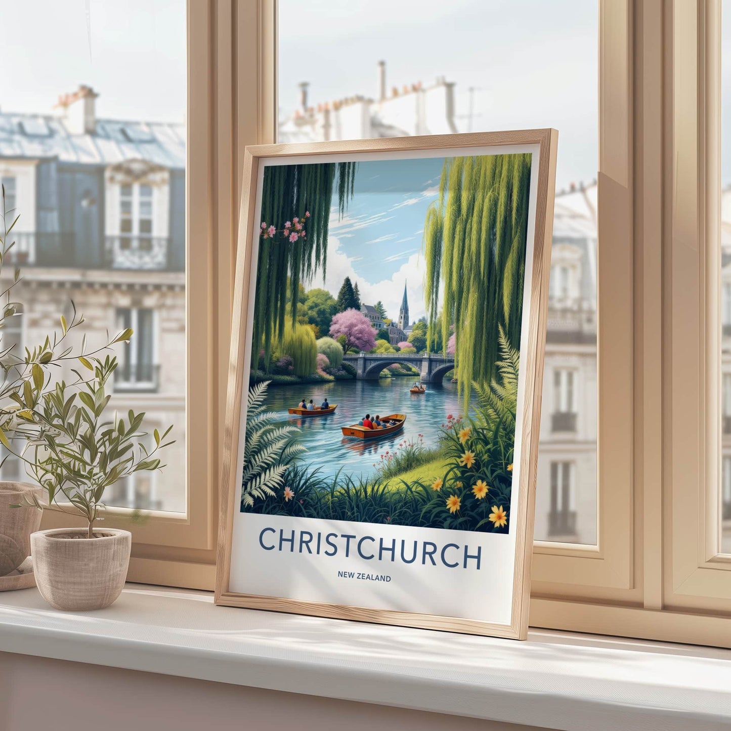 Christchurch Poster - New Zealand Travel Print - Boats River Bridge Home Decor