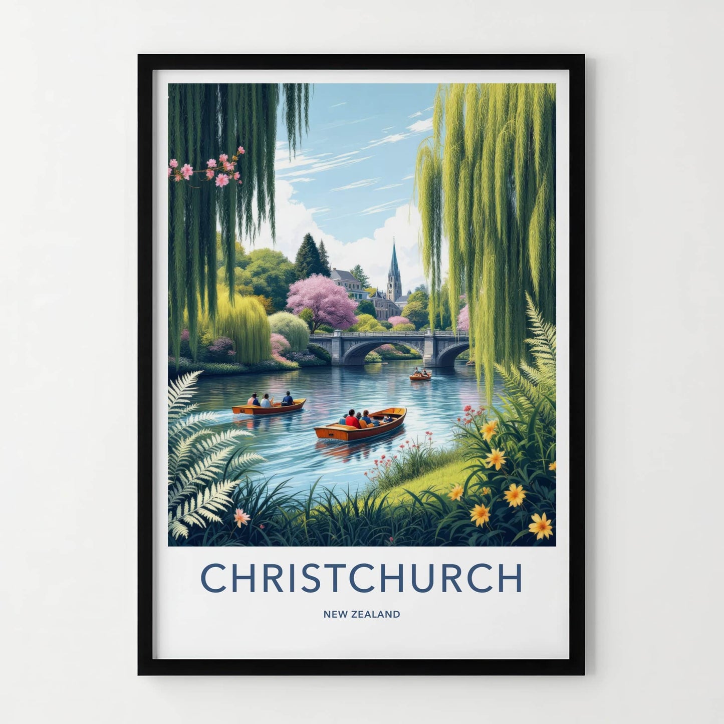 Christchurch Poster - New Zealand Travel Print - Boats River Bridge Home Decor