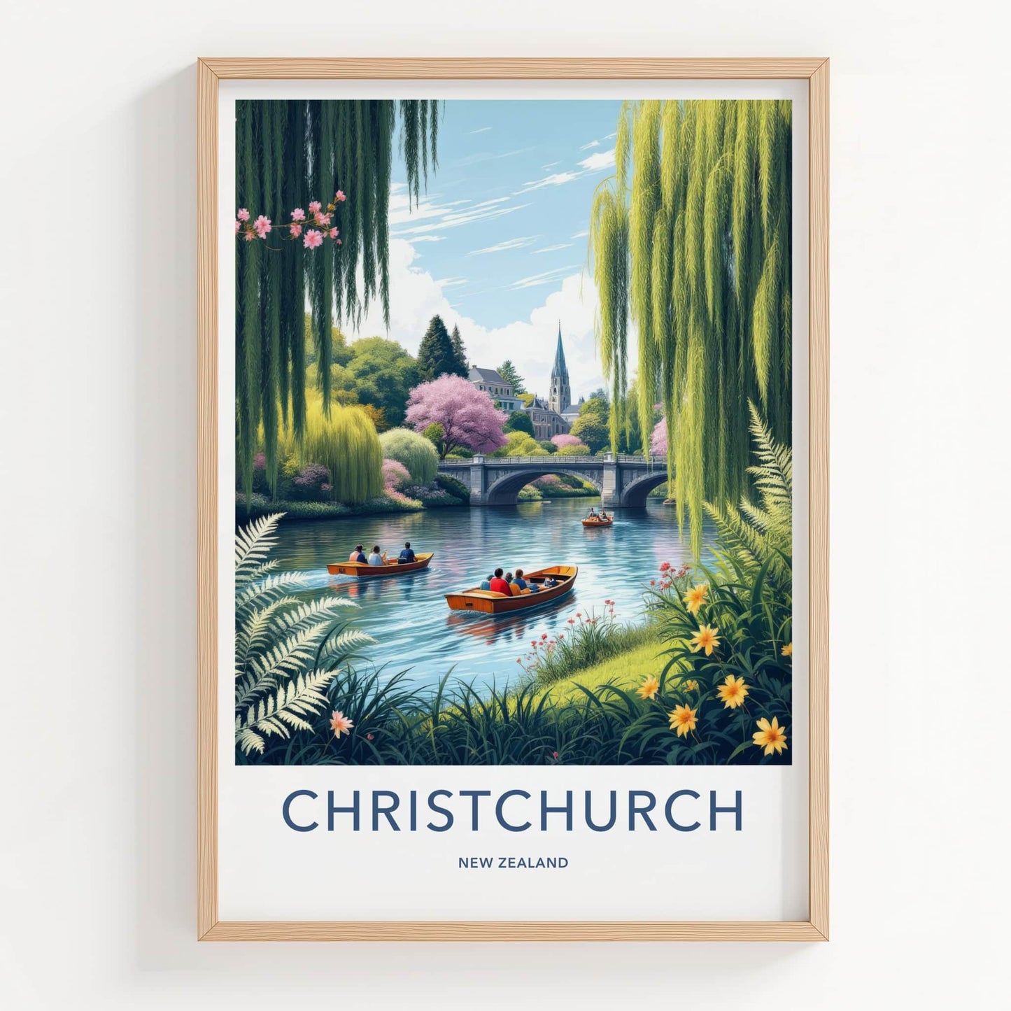 Christchurch Poster - New Zealand Travel Print - Boats River Bridge Home Decor