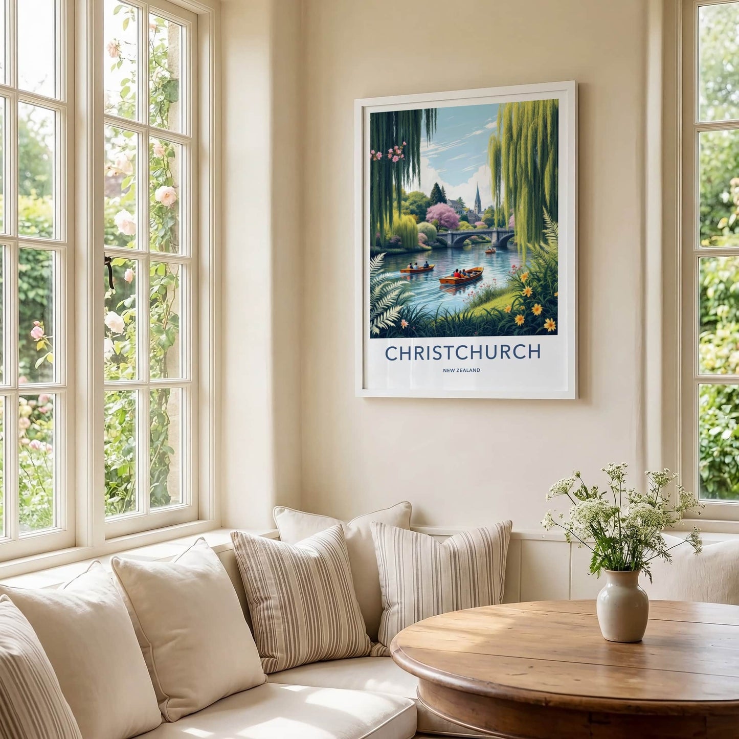 Christchurch Poster - New Zealand Travel Print - Boats River Bridge Home Decor