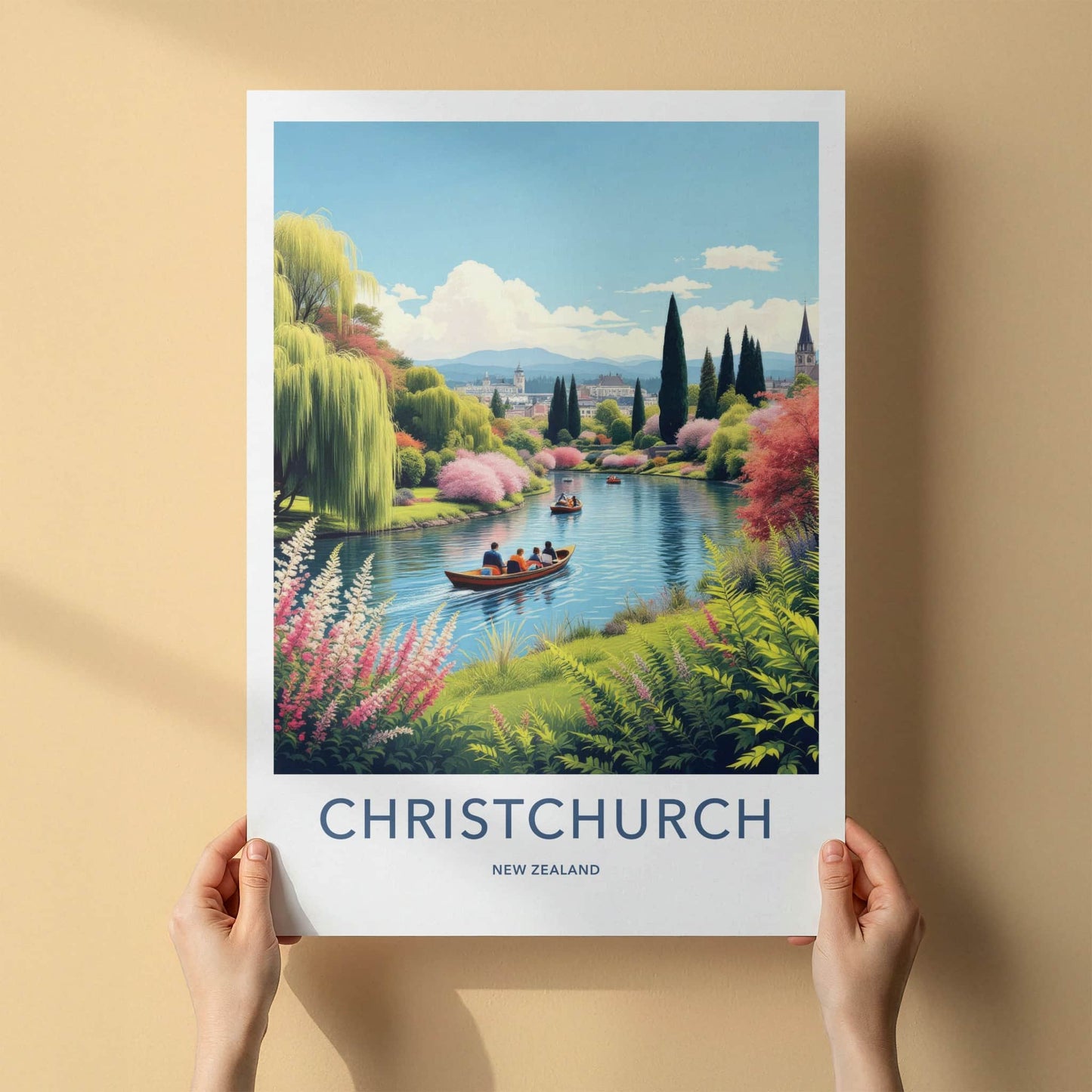 Christchurch Poster - New Zealand Travel Print - Punting Avon River Home Decor