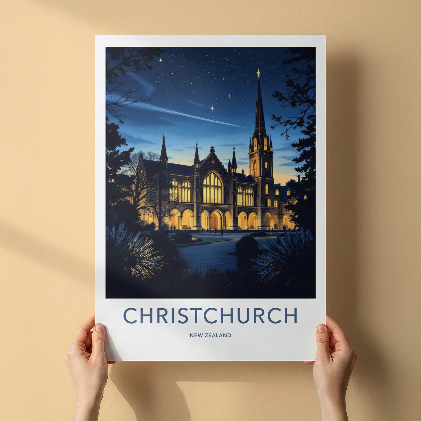 Christchurch Poster - New Zealand Wall Art - Gothic Spire Night Home Decor