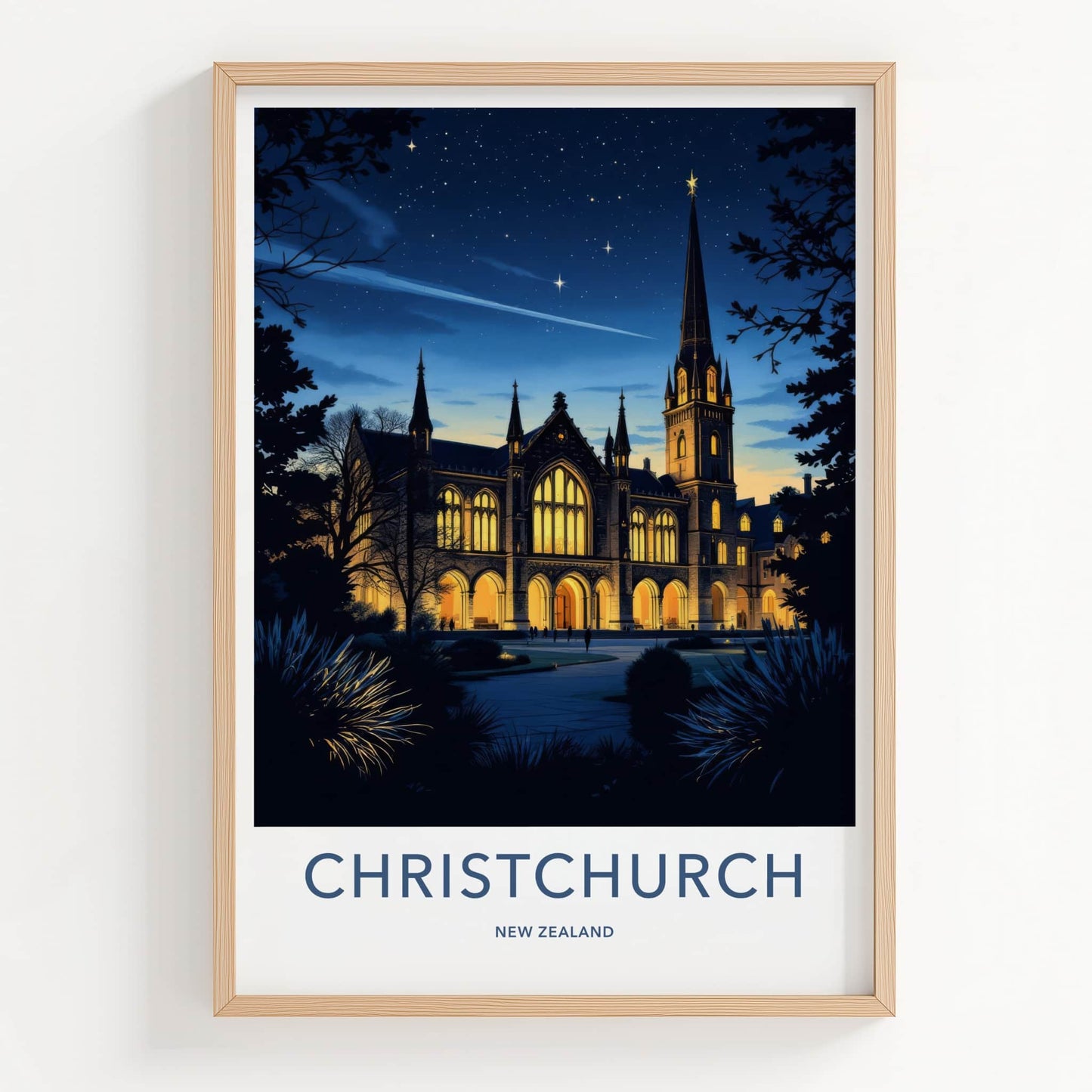 Christchurch Poster - New Zealand Wall Art - Gothic Spire Night Home Decor