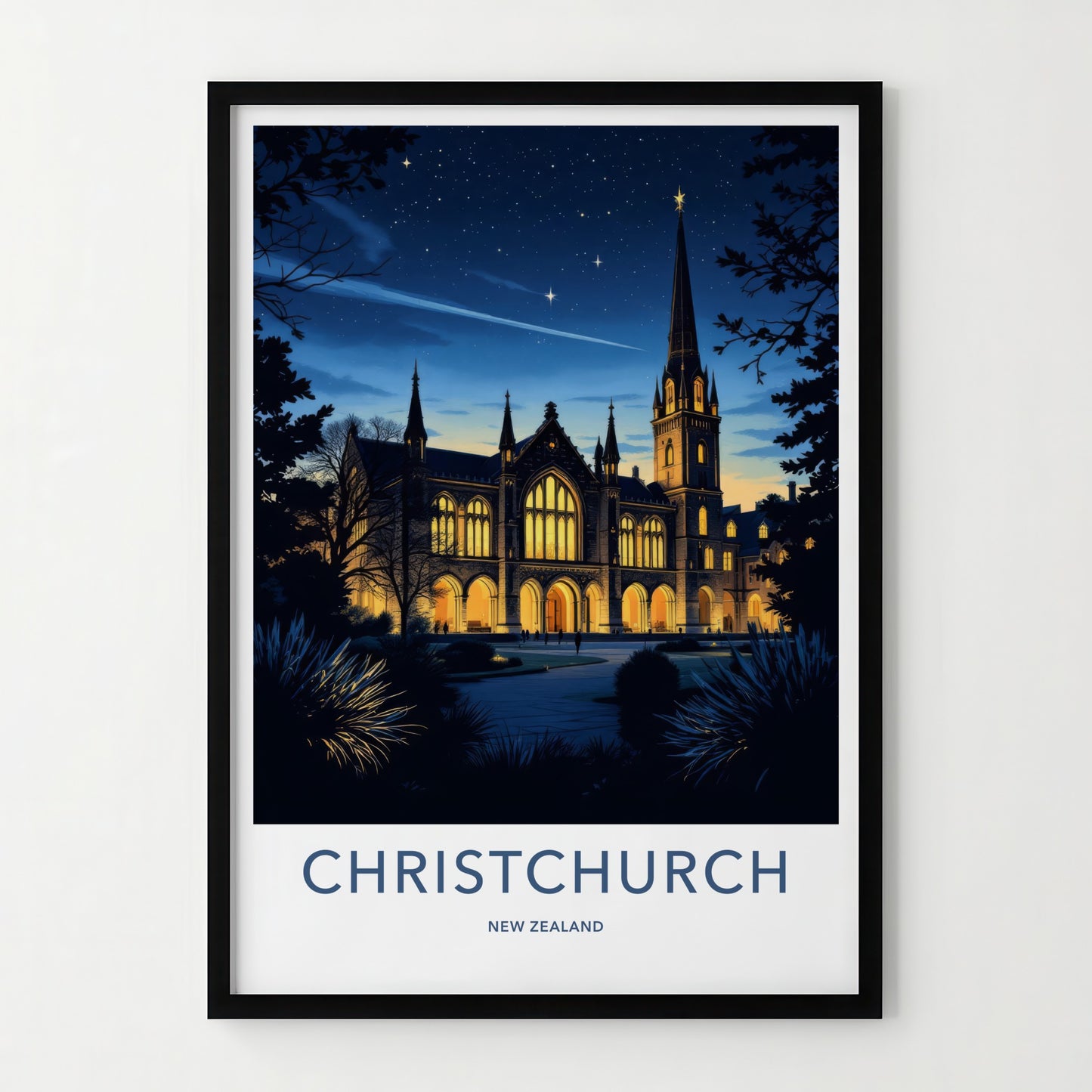 Christchurch Poster - New Zealand Wall Art - Gothic Spire Night Home Decor