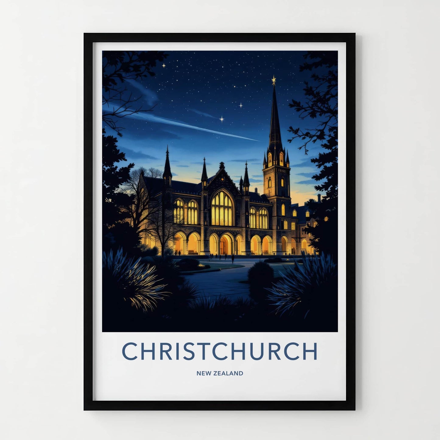 Christchurch Poster - New Zealand Wall Art - Gothic Spire Night Home Decor