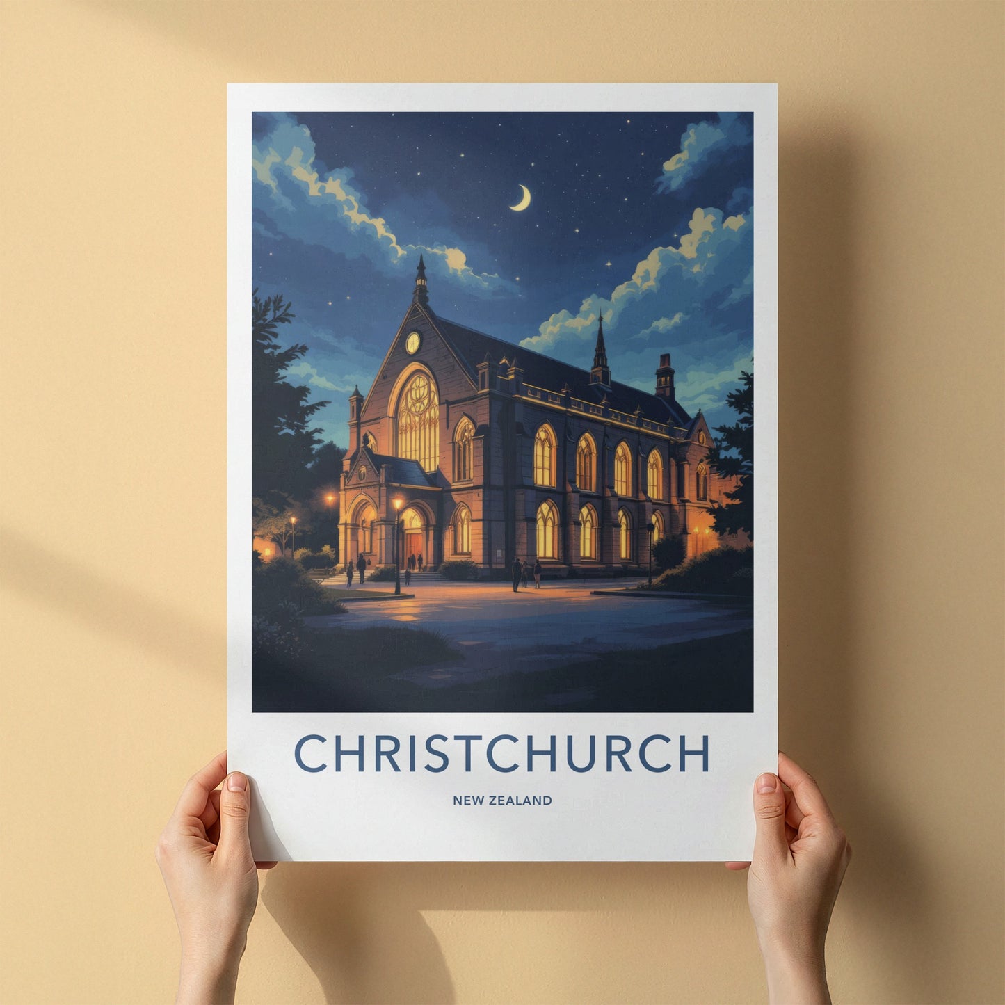 Christchurch Poster - New Zealand Wall Art - Illuminated Church Night Home Decor