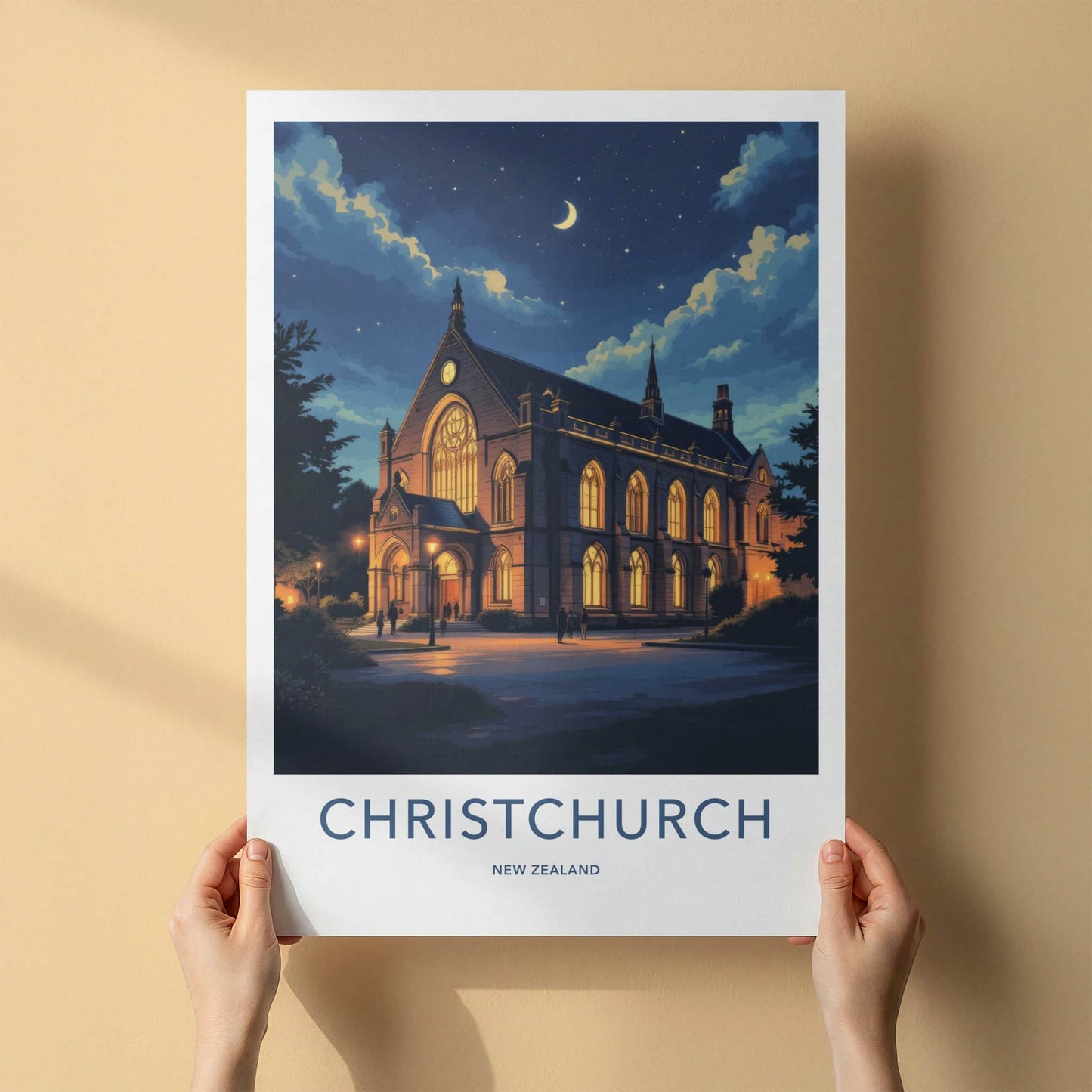 Christchurch Poster - New Zealand Wall Art - Illuminated Church Night Home Decor