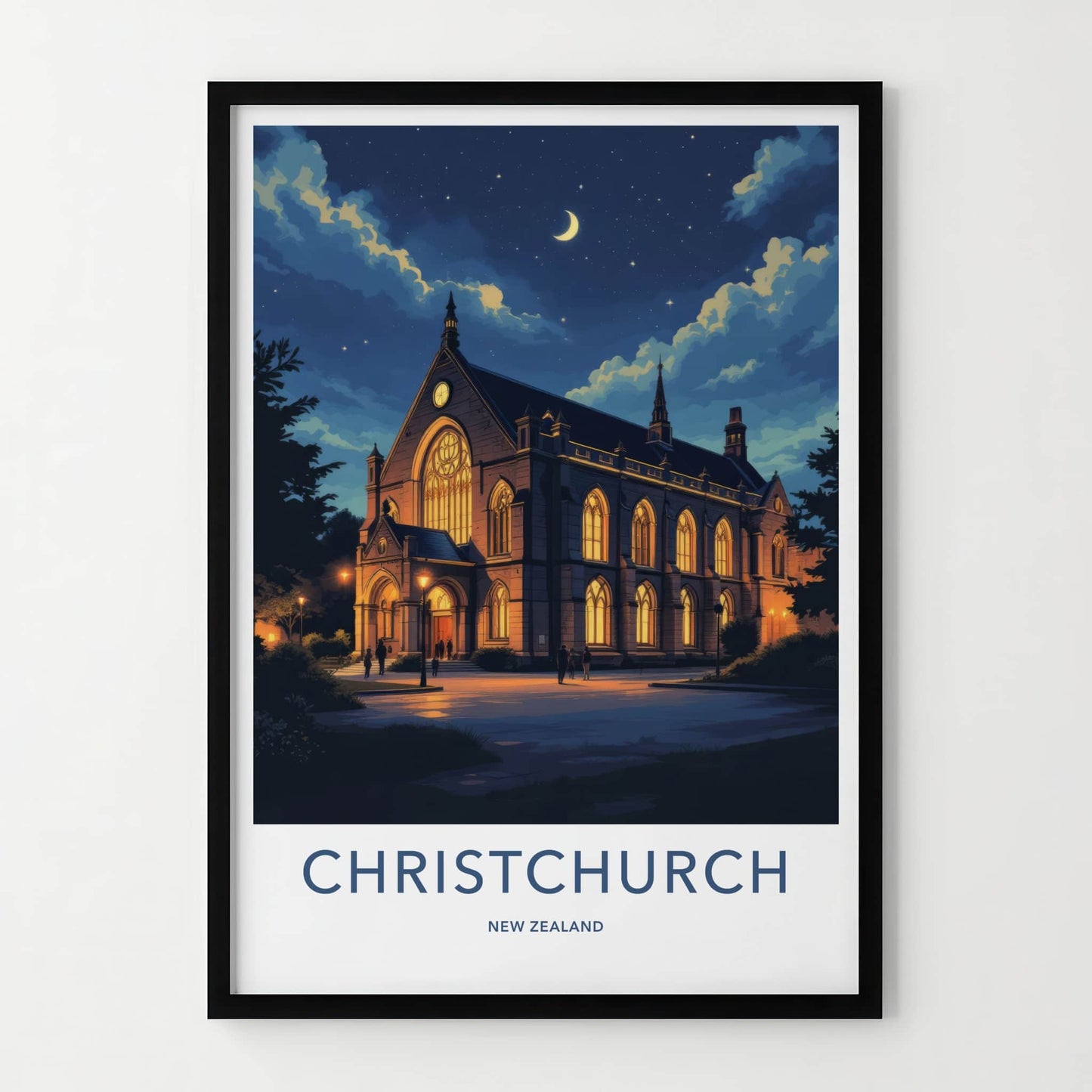 Christchurch Poster - New Zealand Wall Art - Illuminated Church Night Home Decor